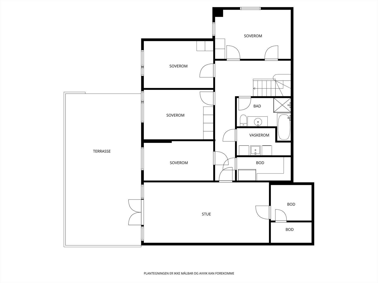 Her er det følgende planløsning. I boligens underetasje har man fire rom som idag benyttes som soverom (to av rommene er opprinnelig godkjent som hhv. bod og klær/ved og er ikke godkjent til varig opphold). Rommene i midten er godkjent som soverom. Galleribilde
