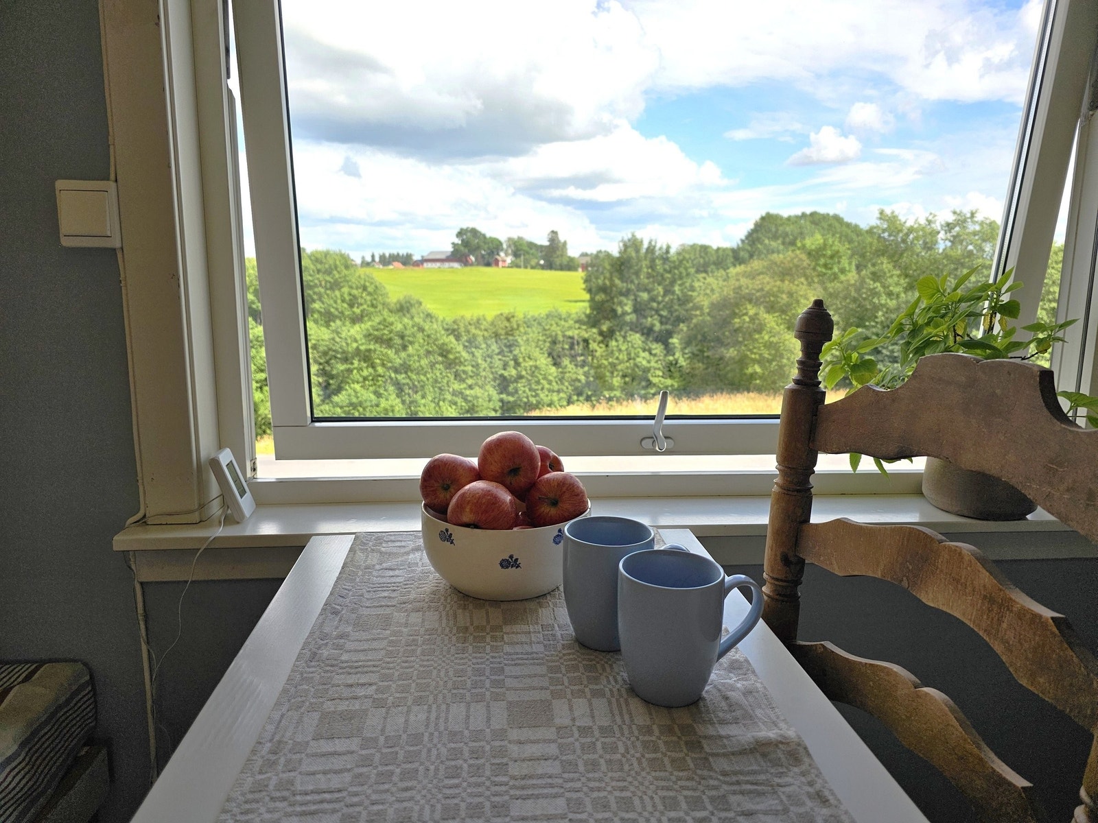 Kaffestund på kjøkkenet med landlig utsikt Galleribilde