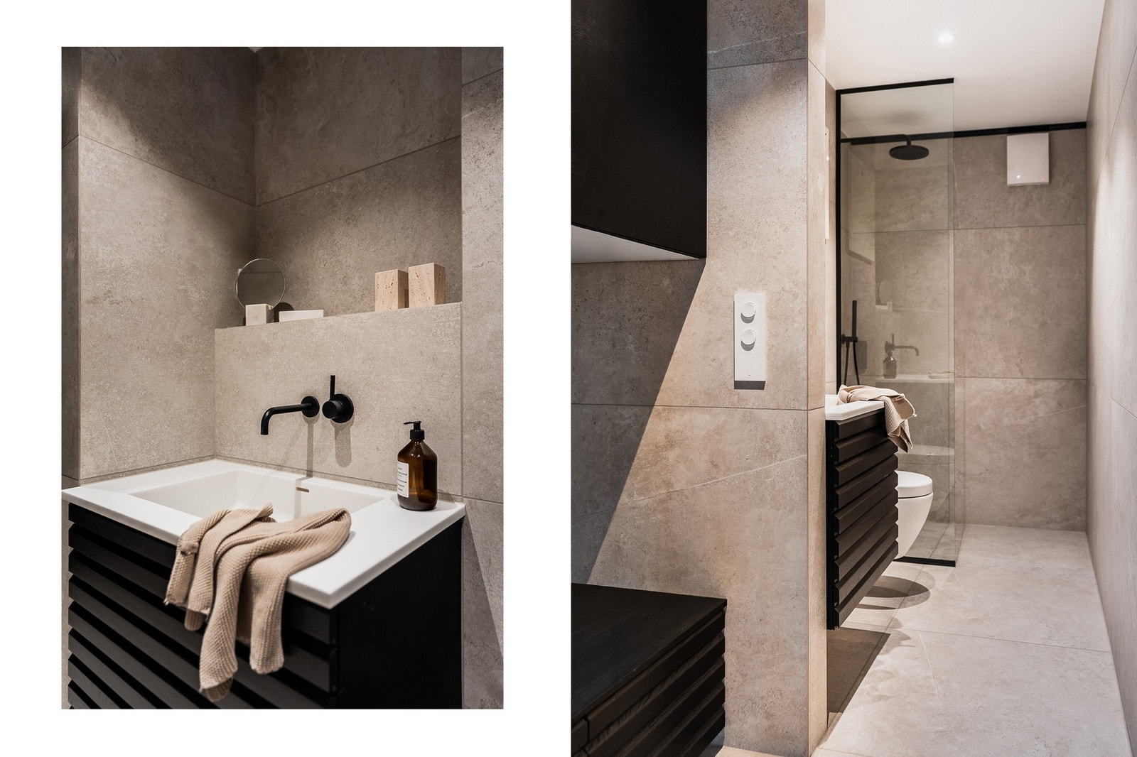 Bad 2 er utstyrt med heldekkende servant på servantskap (HTH) med spilepreg, veggmontert wc og nedsenket dusjhjørne med glassvegg. I tillegg er det avsatt plass og opplegg for vaskemaskin og tørketrommel. Varmekabler i gulv Galleribilde