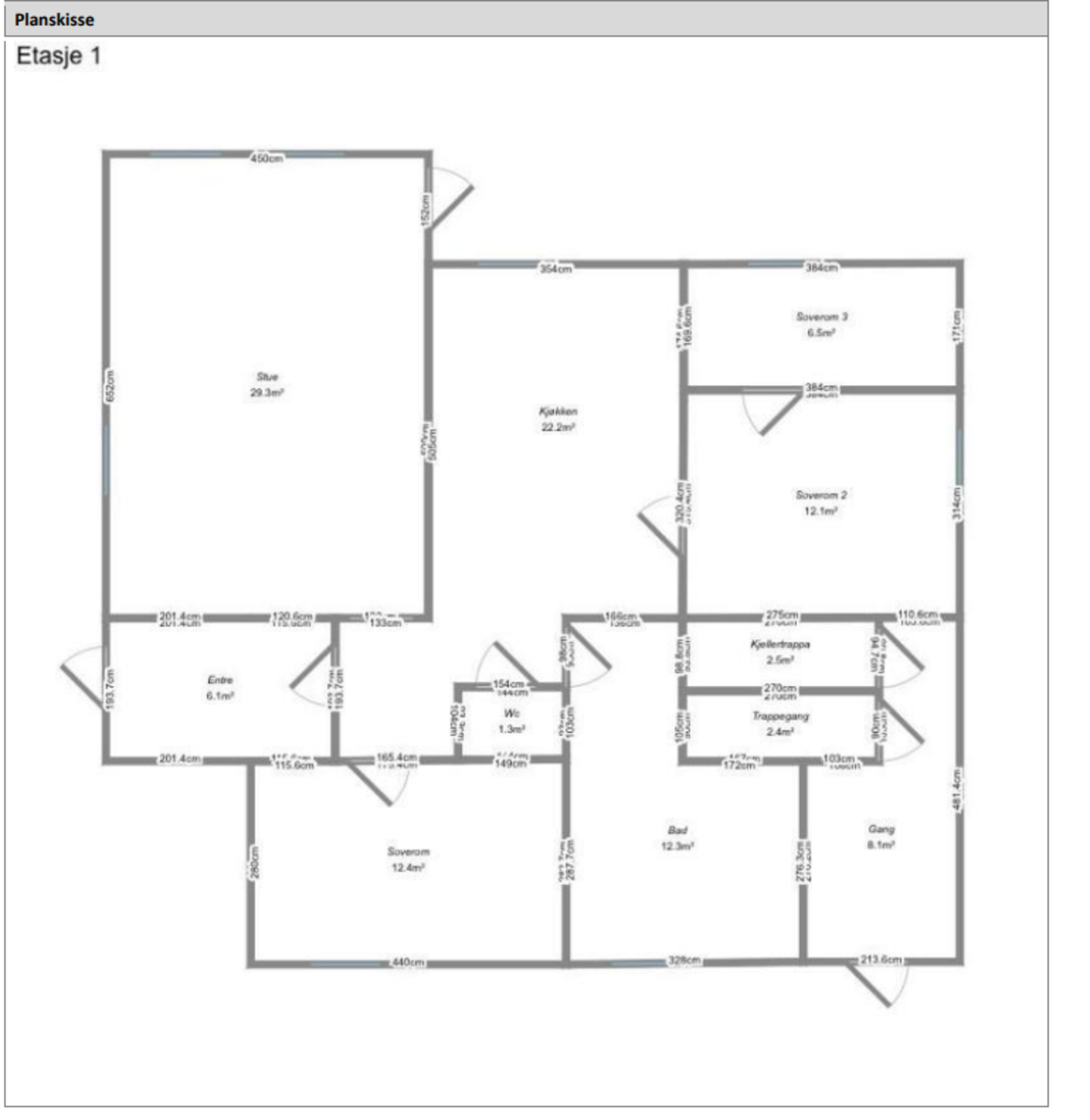 Plantegning 1. etasje.
Hentet fra skaderapport. Avvik kan forekomme. Galleribilde