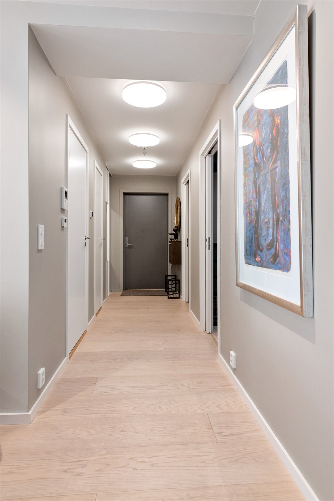 Gang med lyse overflater og glatte hvite innerdører Galleribilde