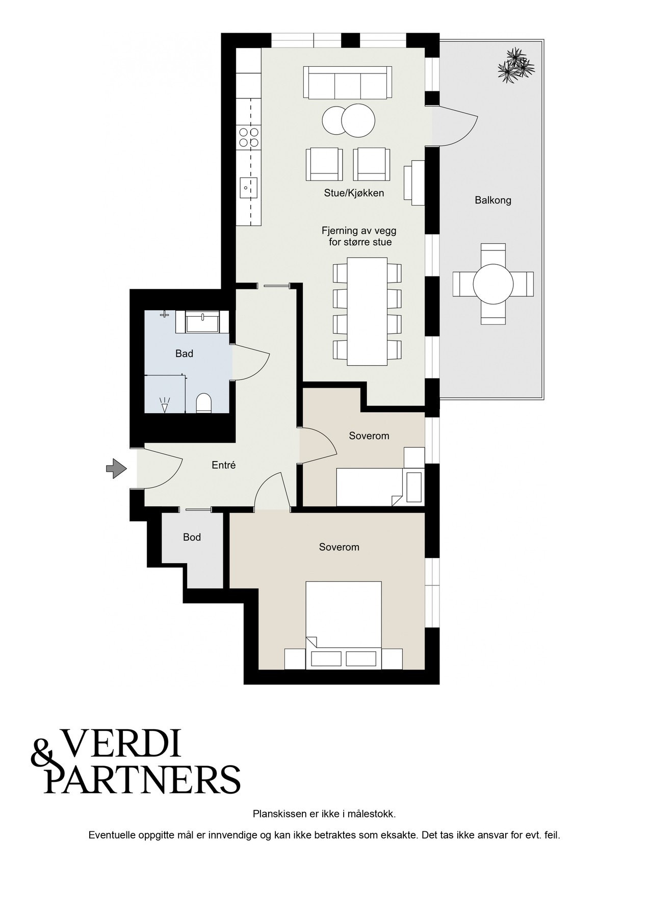 Slik kunne planløsning vært med større stue. Galleribilde