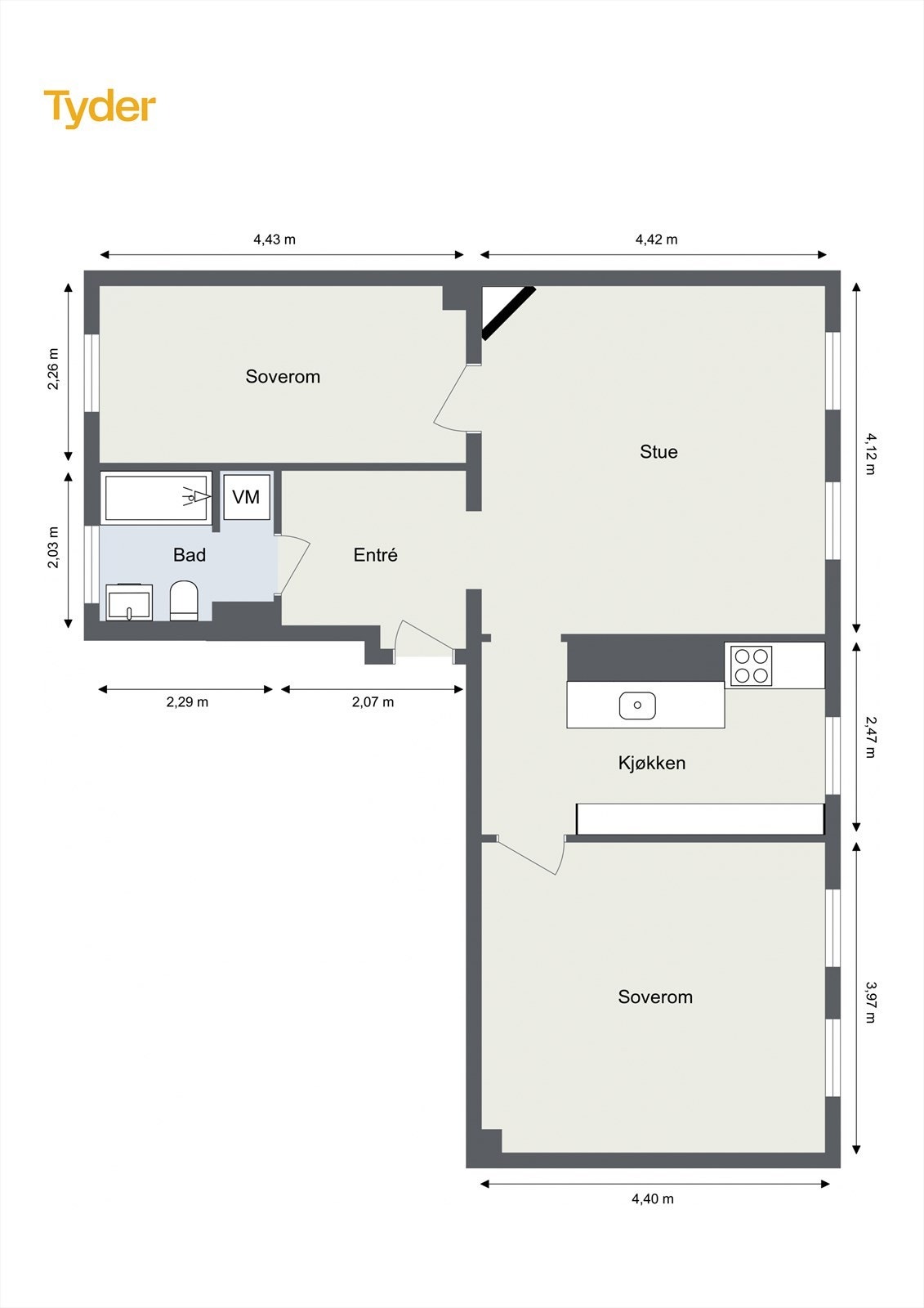Plantegning - boligen ligger i byggets 3. etasje. Galleribilde