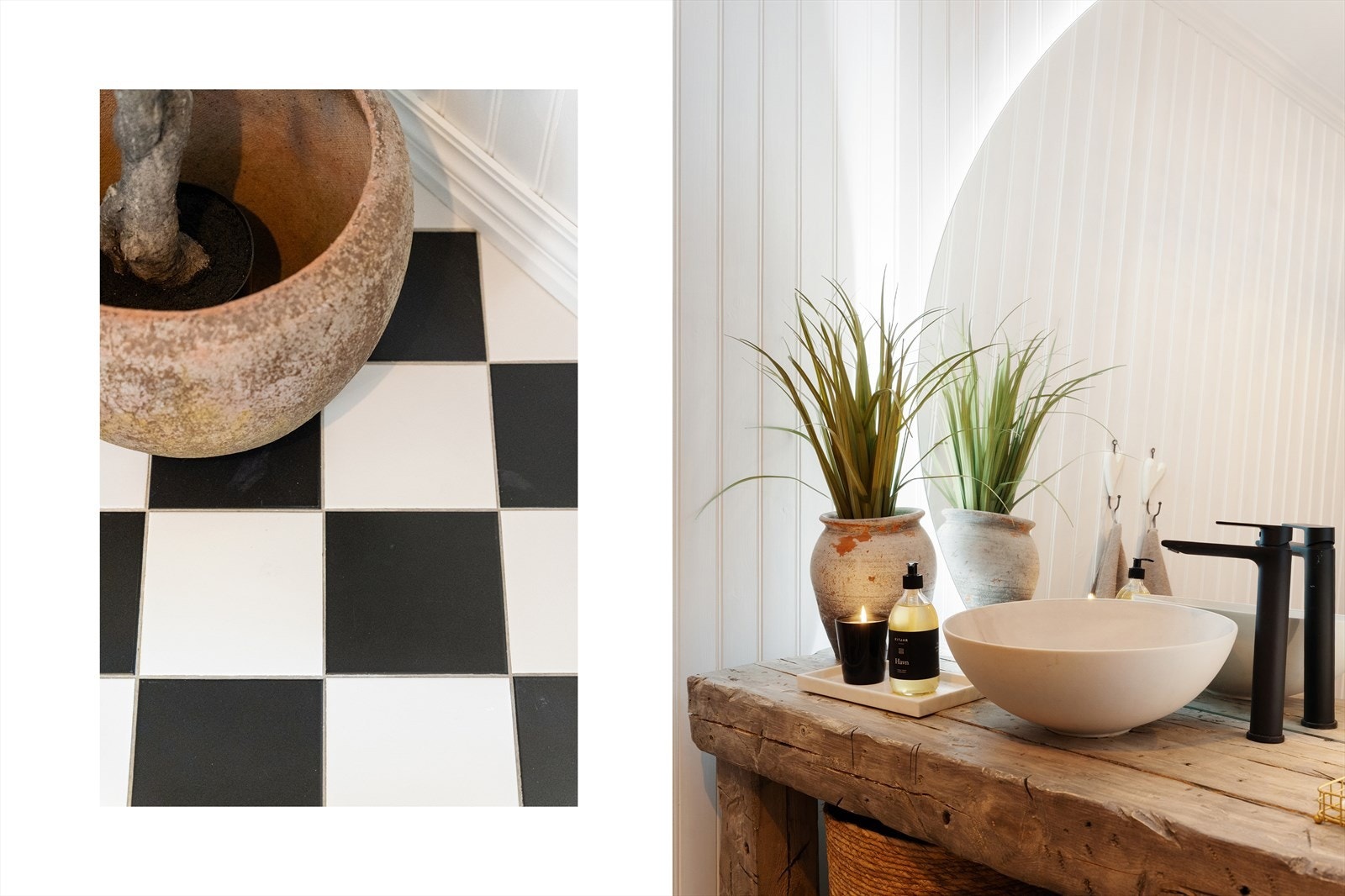 Nydelige detaljer som sjakkmønstede fliser og flott innredning med servant Galleribilde