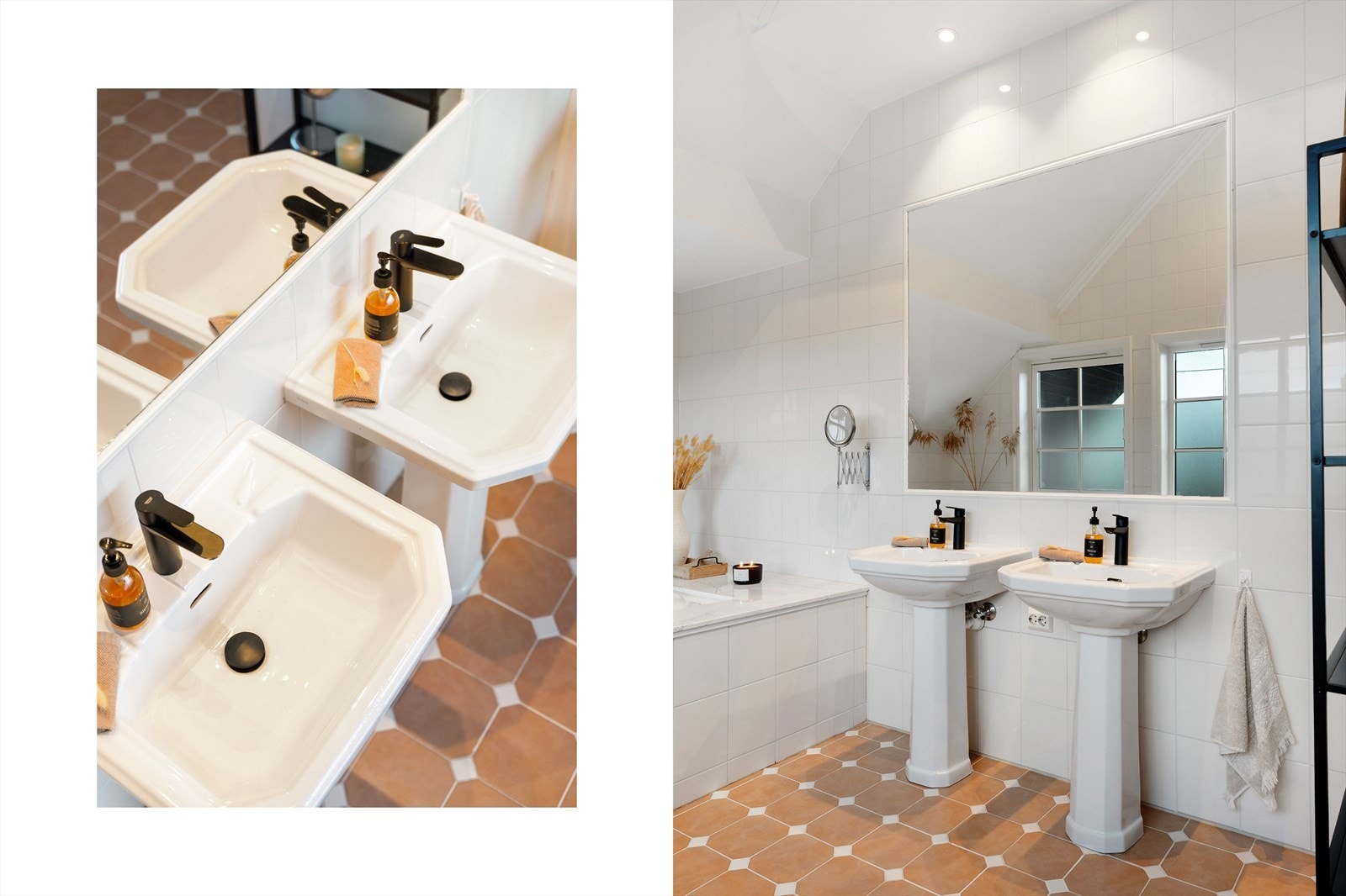 Badet inneholder dusjnisje, stort badekar, to søylevasker og toalett. Galleribilde