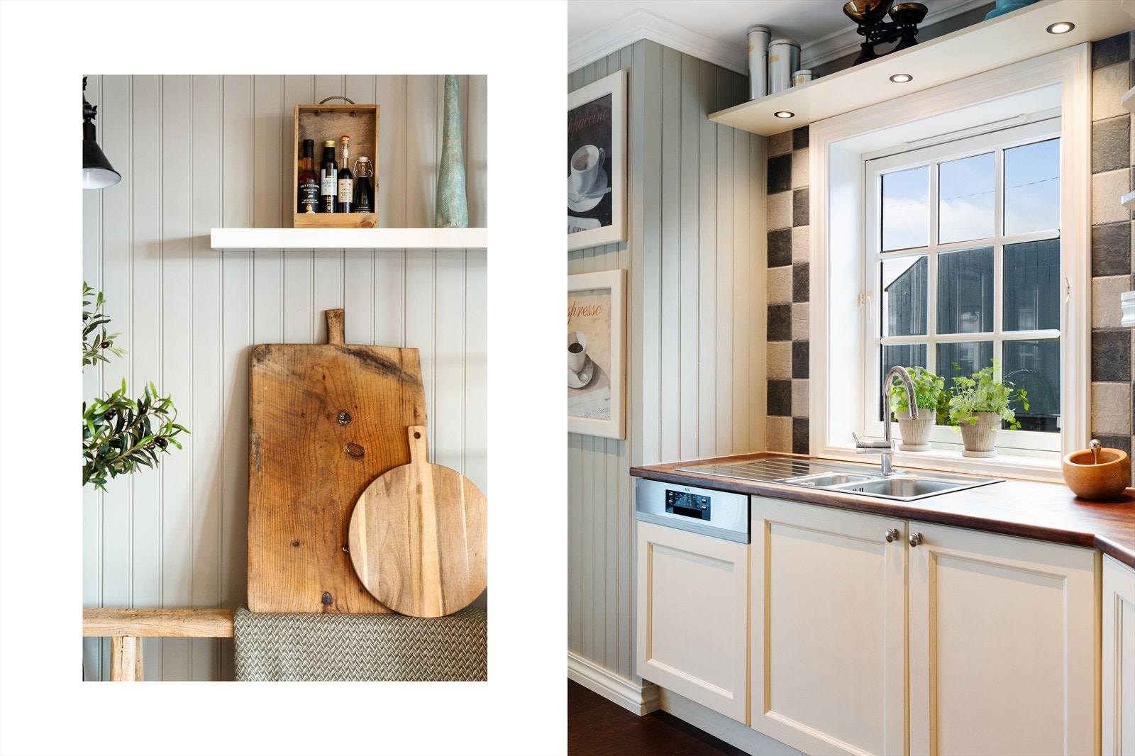 Lekre detaljer som malt panel og fliser mellom over- og underskap Galleribilde