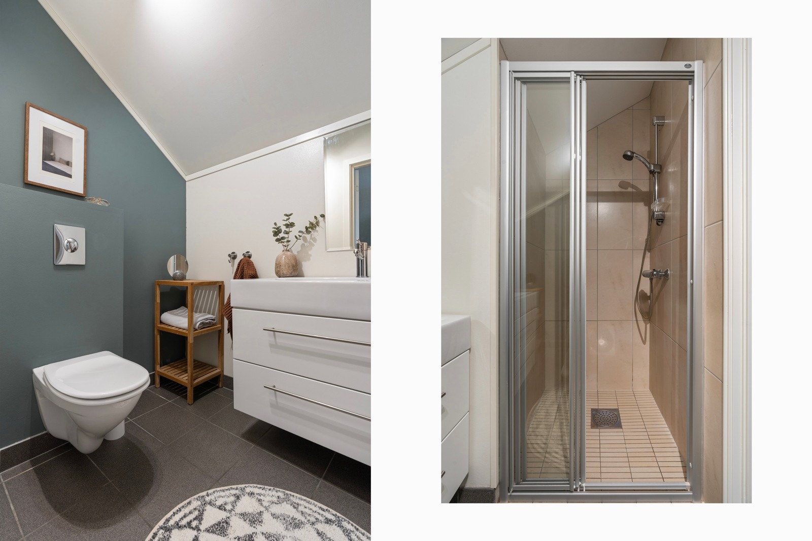 Bad/wc i loftsetasje med fliser på gulv, vegghengt wc, baderomsinnredning med skuffer, heldekkende servant.