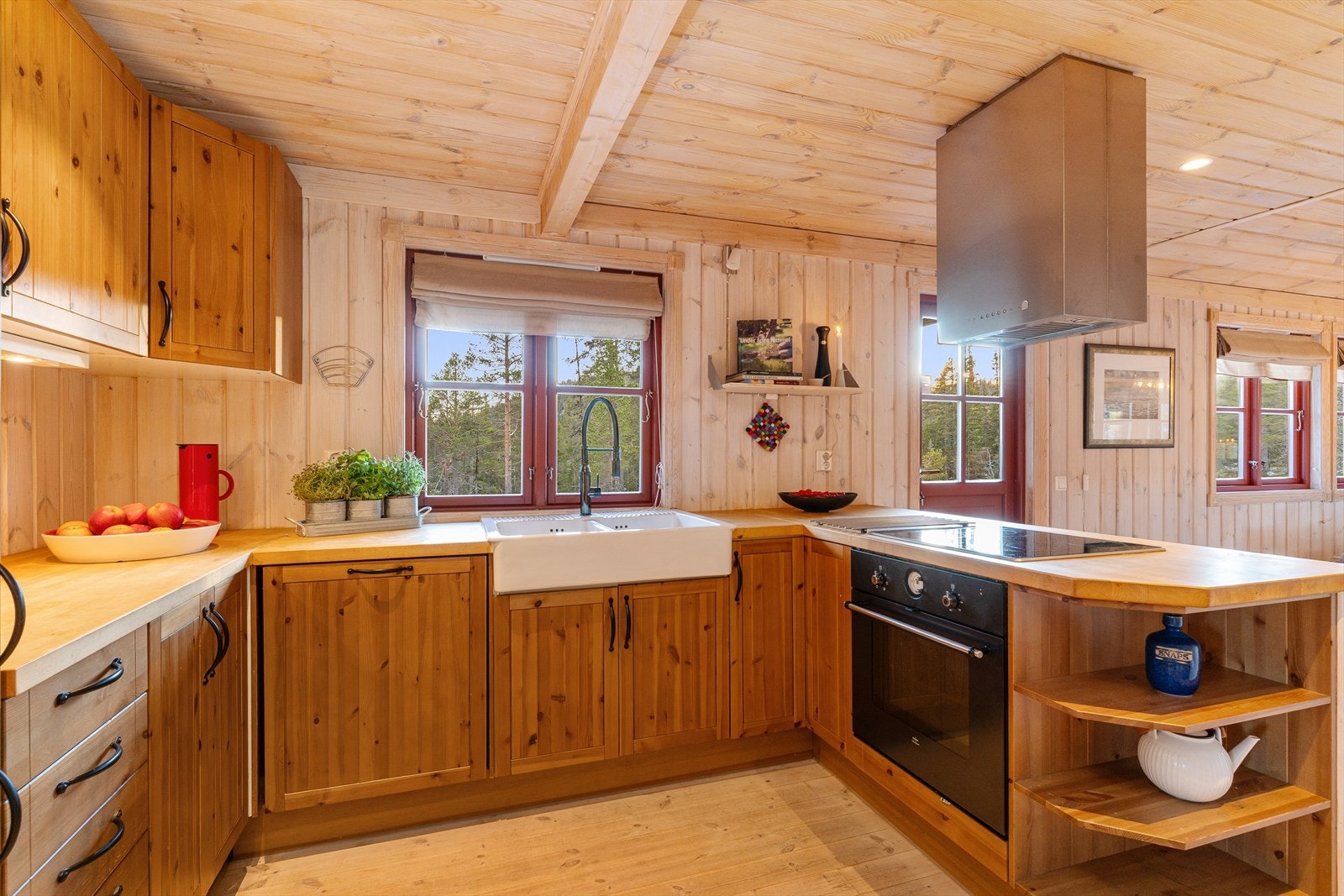 Integrert i innredningen finner du vaskekum, nedfelt komfyrtopp, ventilator, stekeovn, oppvaskmaskin, kjøl/frys. Det er kjøkkenventilator med avtrekk ut. Galleribilde