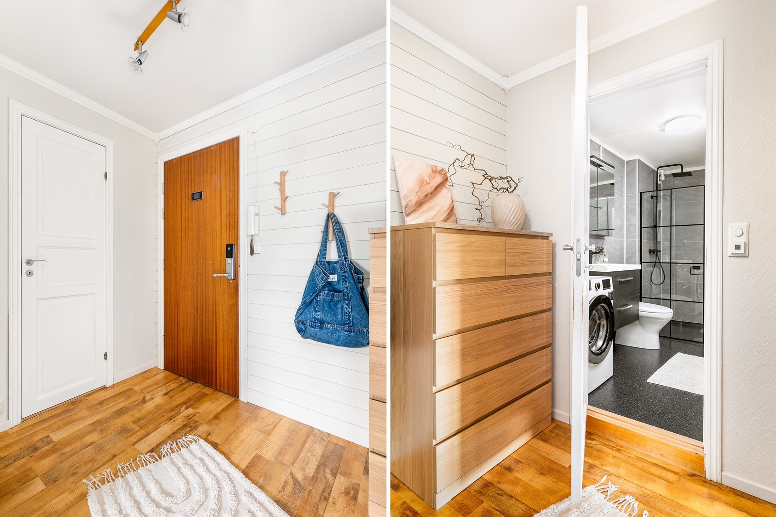 Boden ved entreen benyttes i mange tilsvarende leiligheter dels som garderobe. Skyvedørsgarderobe er det plass til mellom inngangsdøren og badet. Galleribilde