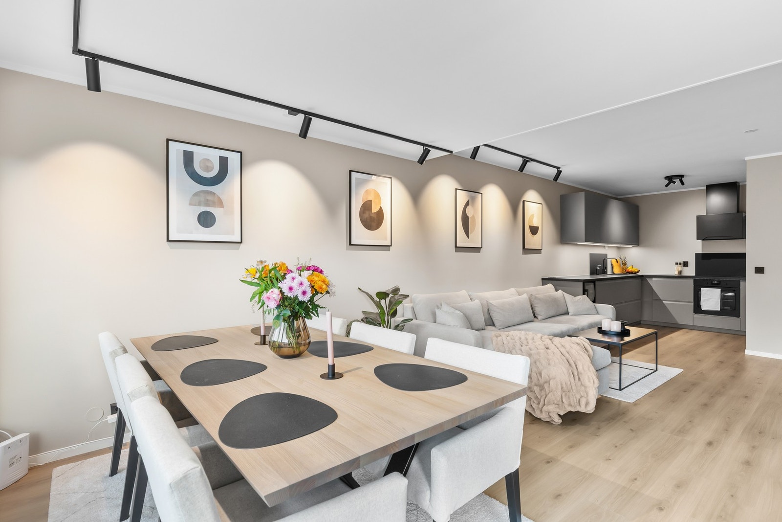 Stue-/kjøkkenløsningen er 24,7 kvm og kan fint møbleres i både sofa- og spisestuesone. Galleribilde