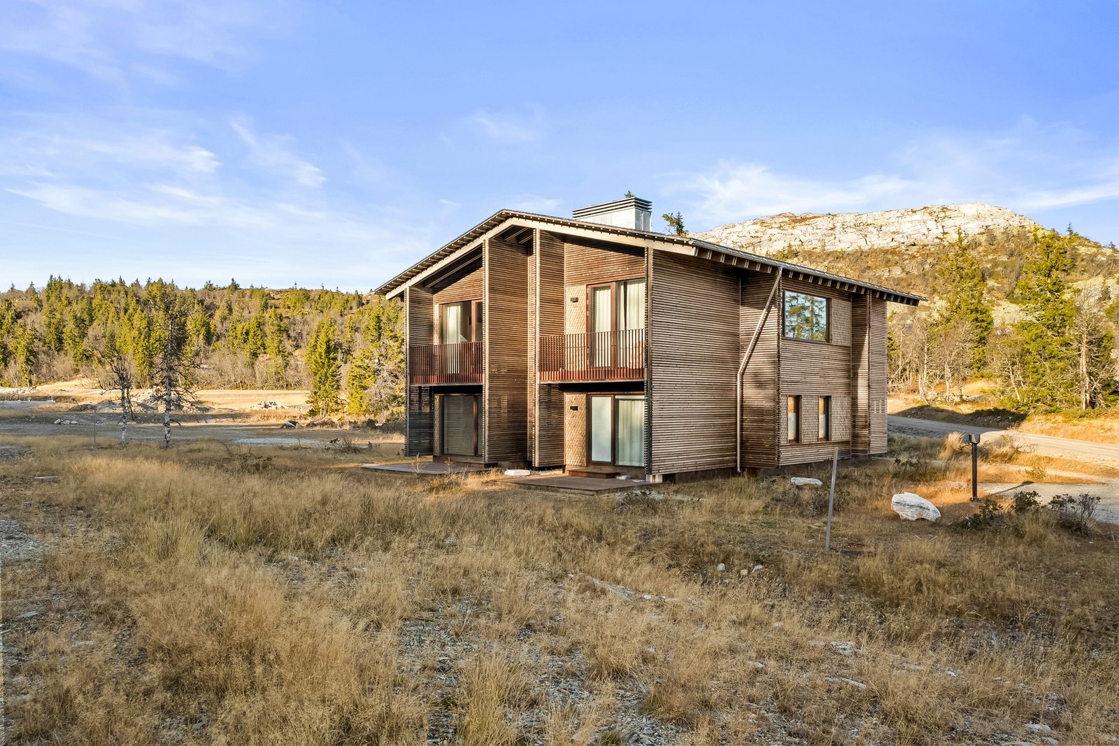 Fritidsboligene sett fra syd. Kvitfjellet ses i bakgrunnen. Til høyre ses parkeringsplassen hvor egen lader for el-bil medfølger. Galleribilde