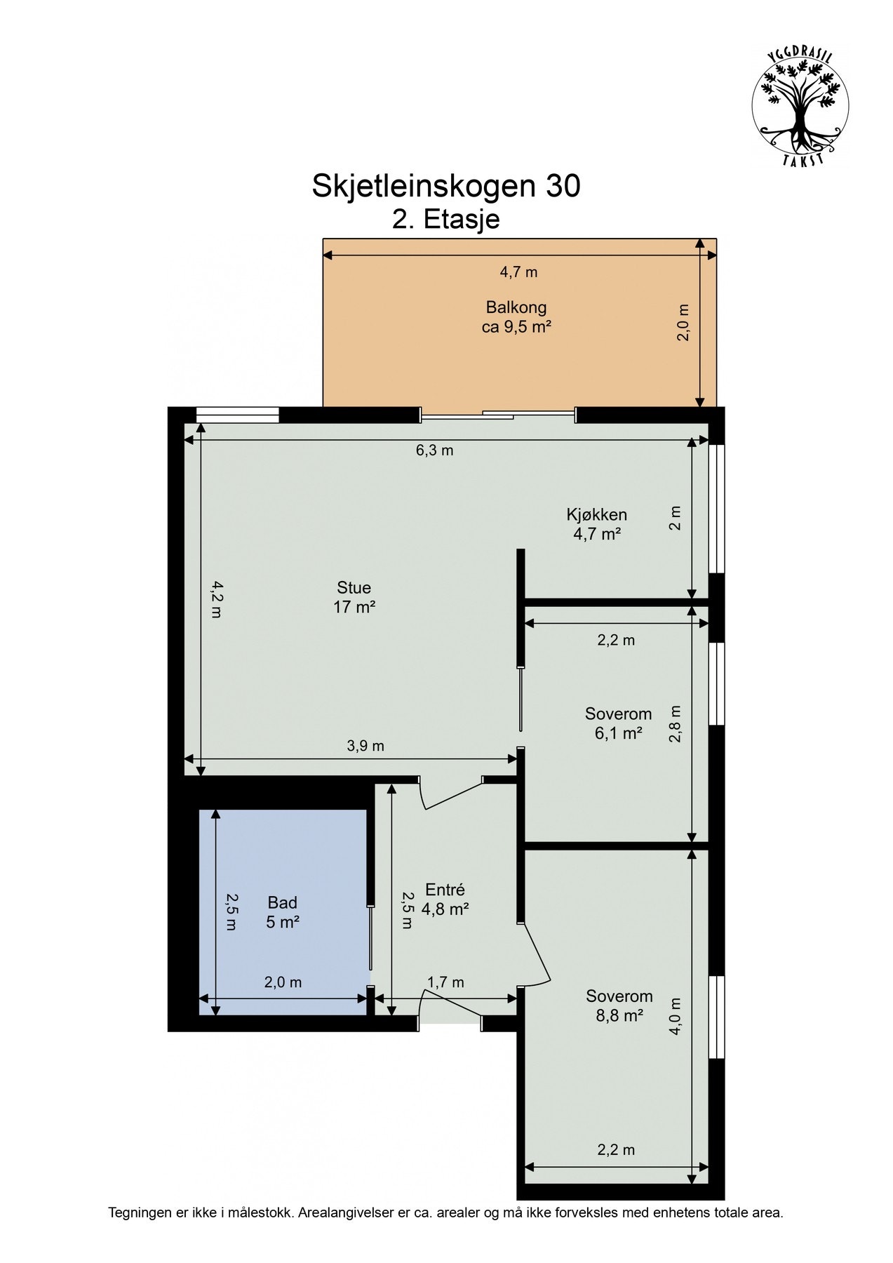 Praktisk utforming av leiligheten. Hovedsoverommet er skjermet fra oppholdsrommene, med dør mellom gang og stuen Galleribilde