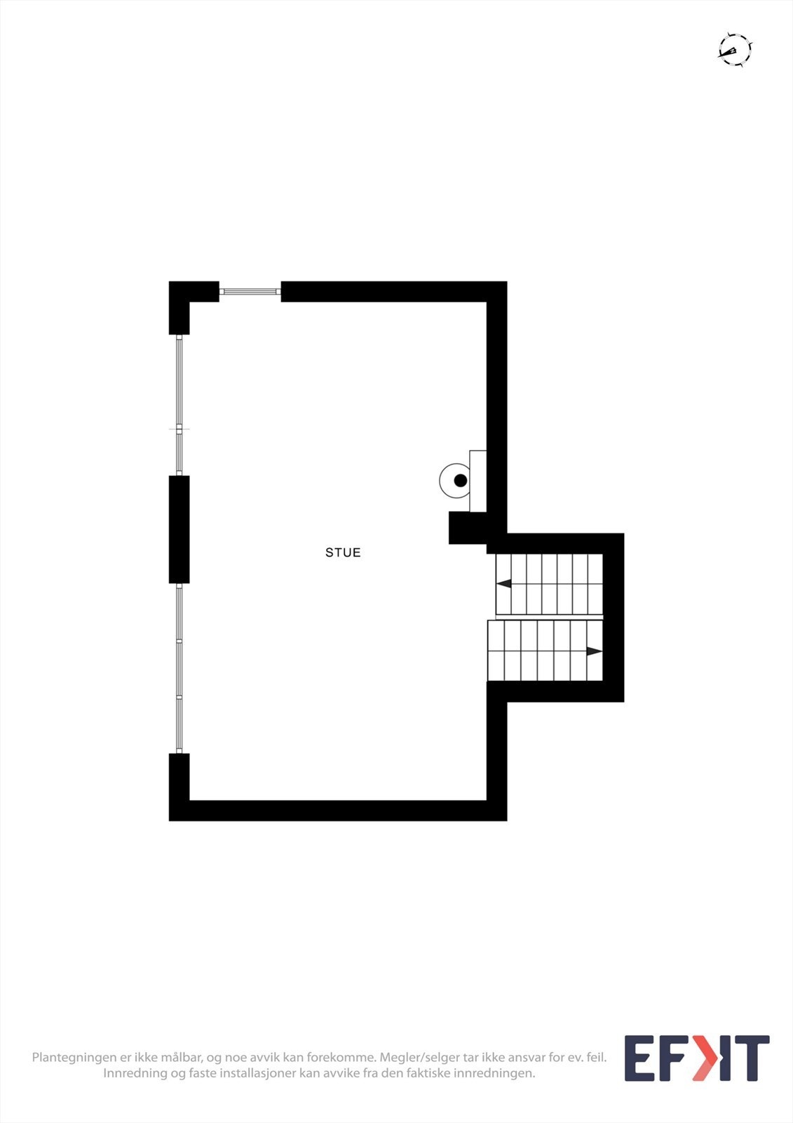 Plantegning som viser hovedstuen, et tilbaketrukket og fleksibelt areal med adkomst en trapp ned fra kjøkkenet Galleribilde