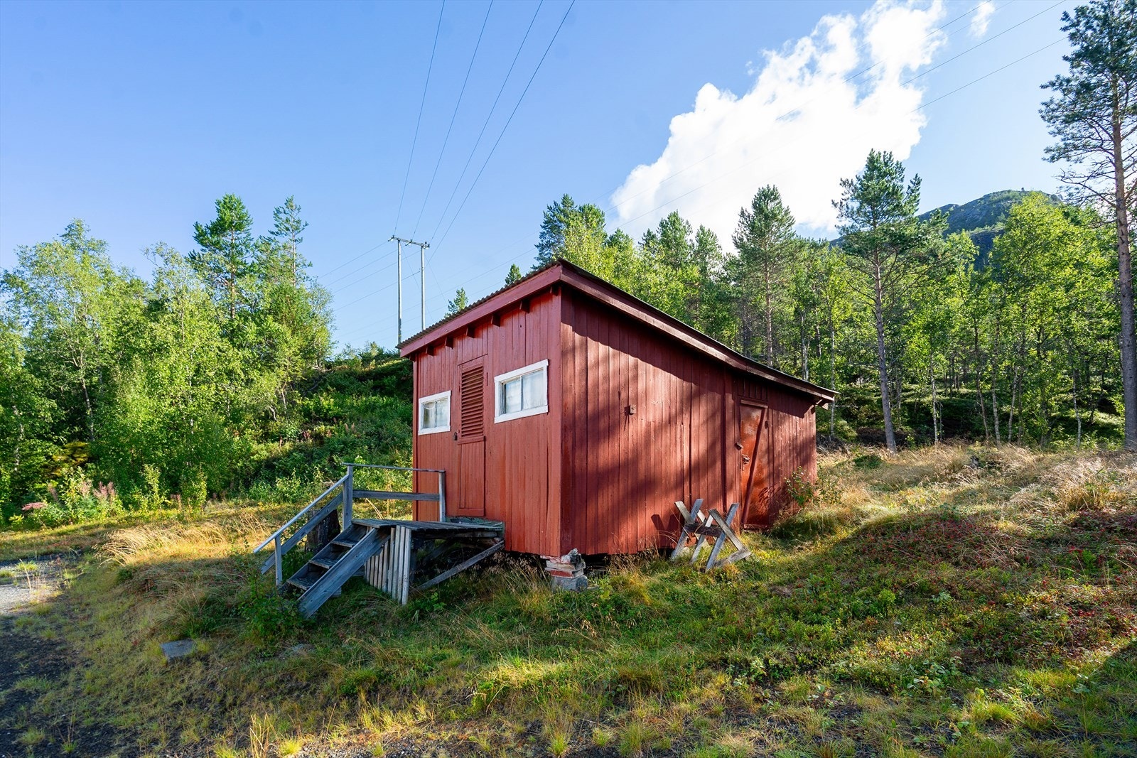 Praktisk uthus på tomten med god plass til oppbevaring av ved, hageredskaper og utstyr Galleribilde
