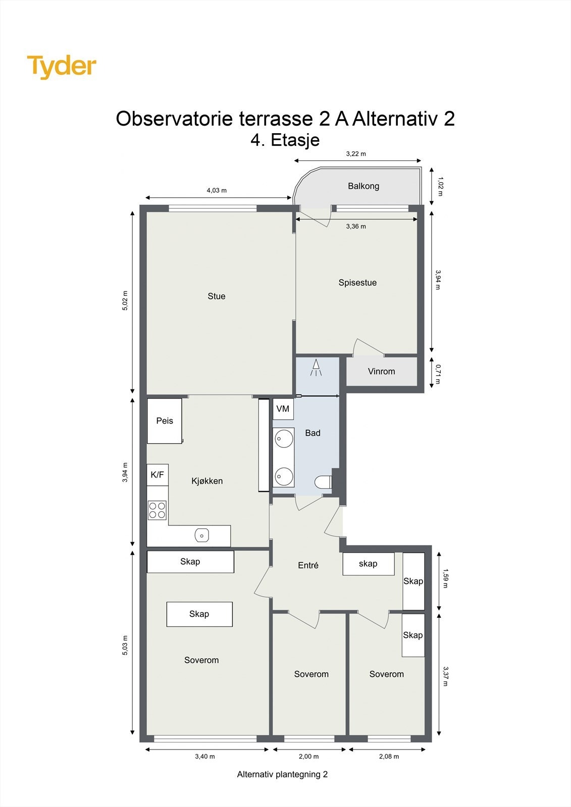Alternativ planløsning med ekstra soverom ved å flytte kjøkkenet ut i stuen. Galleribilde