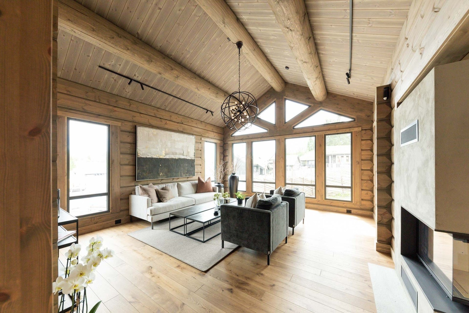 Lys og luftig stue. Foto fra Andor visningshytte på Hellerudsletta Galleribilde