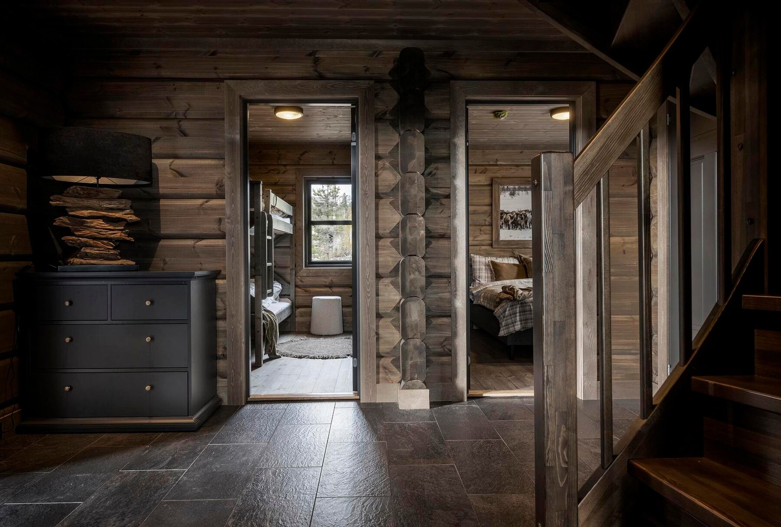 Tømmerhytter gir lune gode overflater. Foto fra en tilsvarende modell Galleribilde