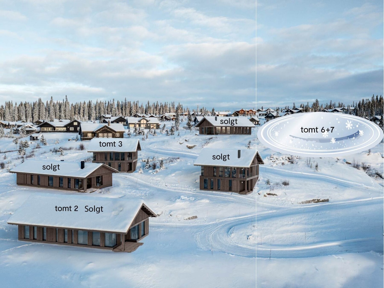 Illustrasjon med oversikt tomter. Tomt 6+7 forutsettes slått sammen til en tomt, og er ca 1900 m2 Galleribilde