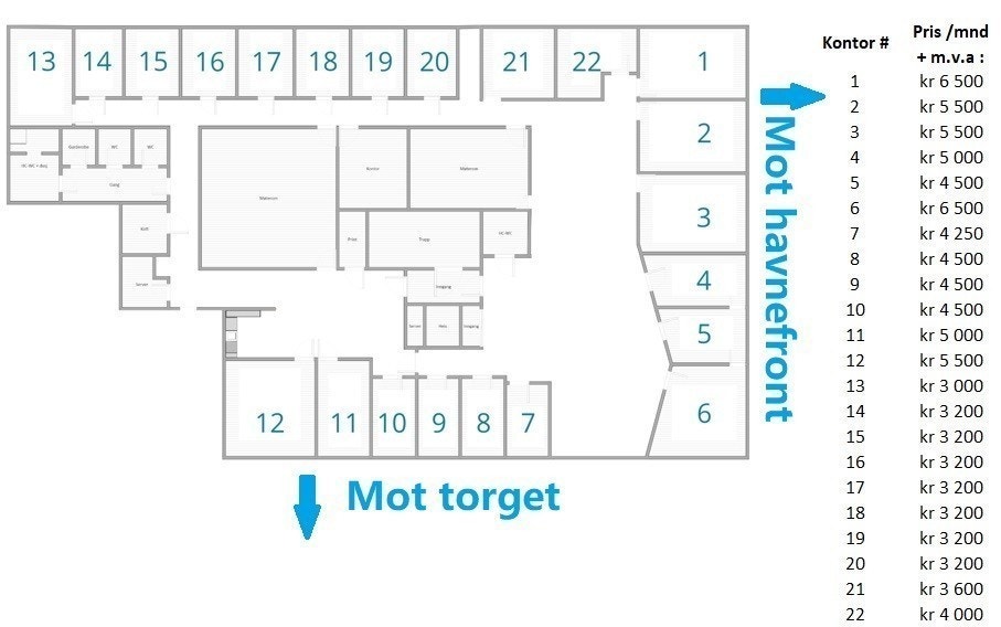 Skisse over gulvplan + prisliste per kontor /mnd. Galleribilde