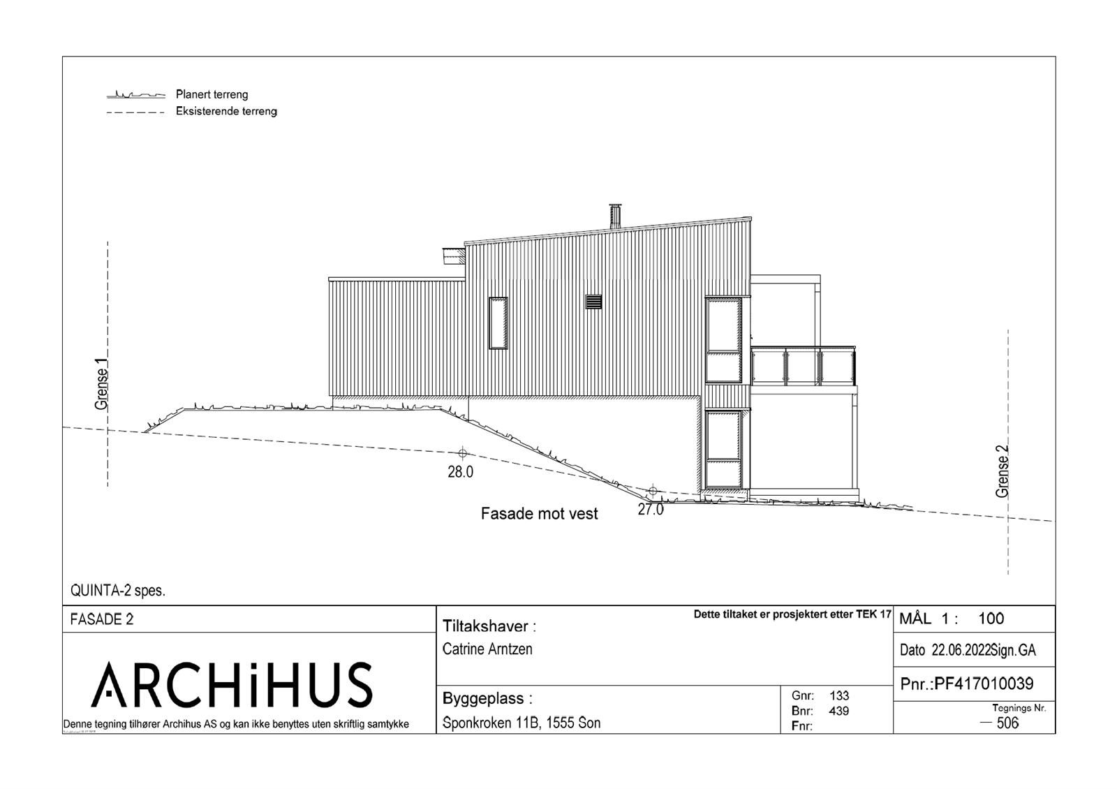 Bygningstegning - fasade vest Galleribilde