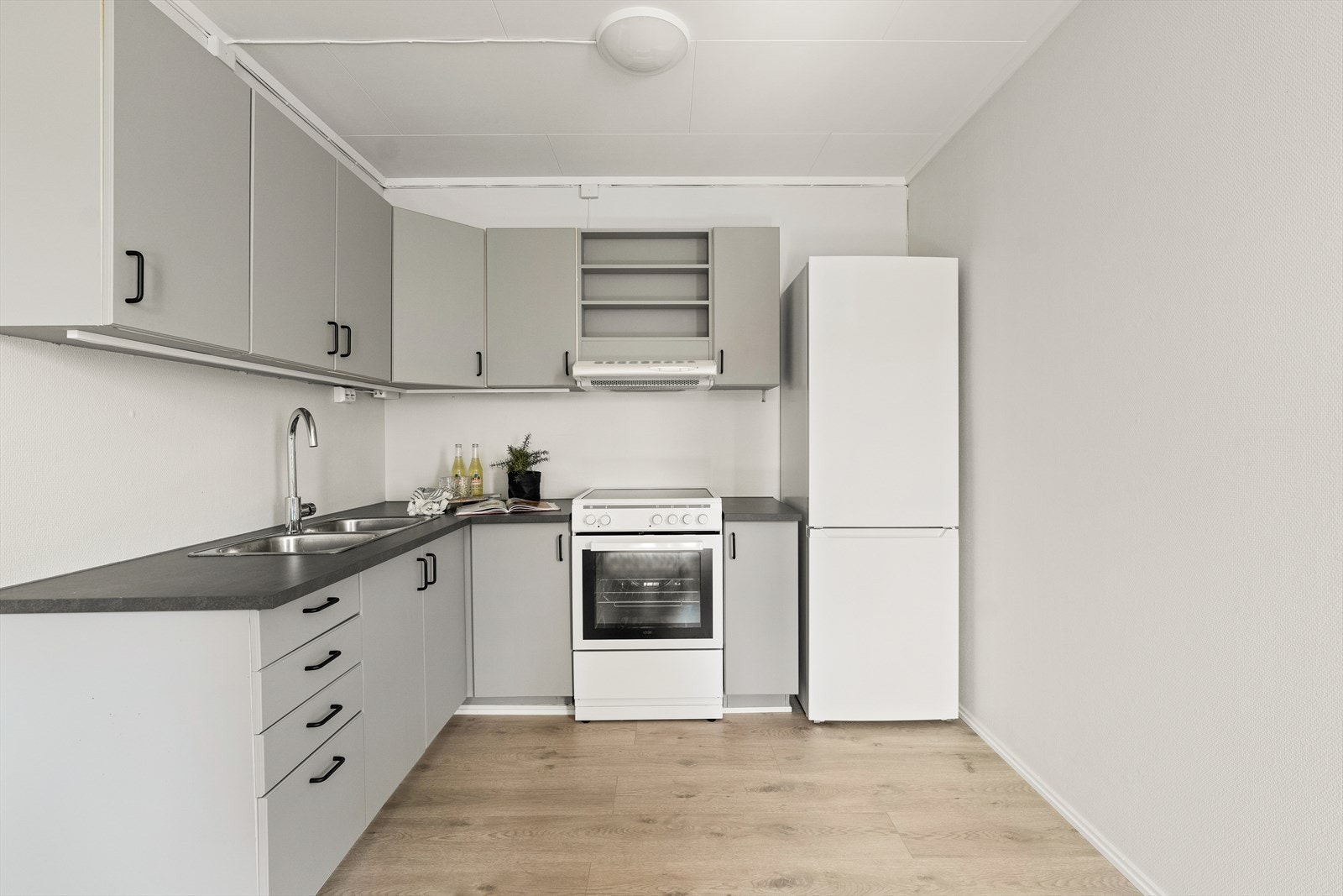 Stilrent kjøkken med glatte overflater og medfølgende hvitevarer. Galleribilde