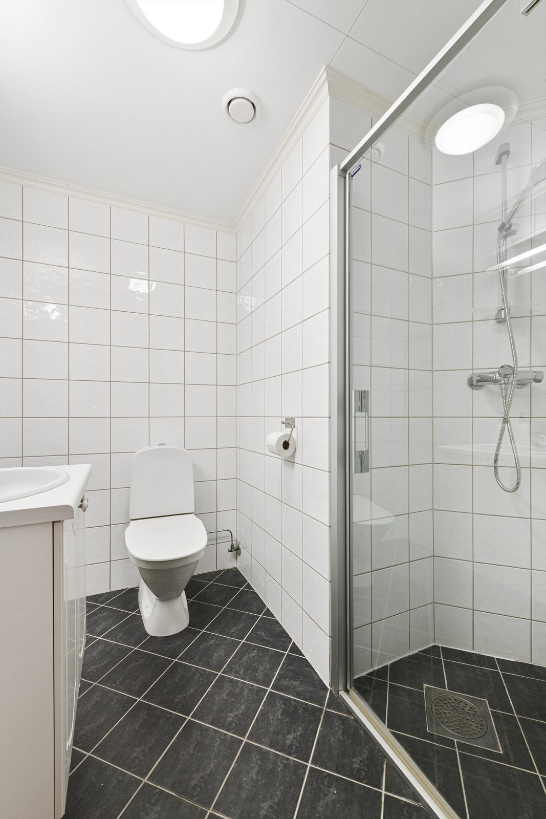 Baderommet er utstyrt med servant, speil med overlys, dusjhjørne og toalett. Galleribilde