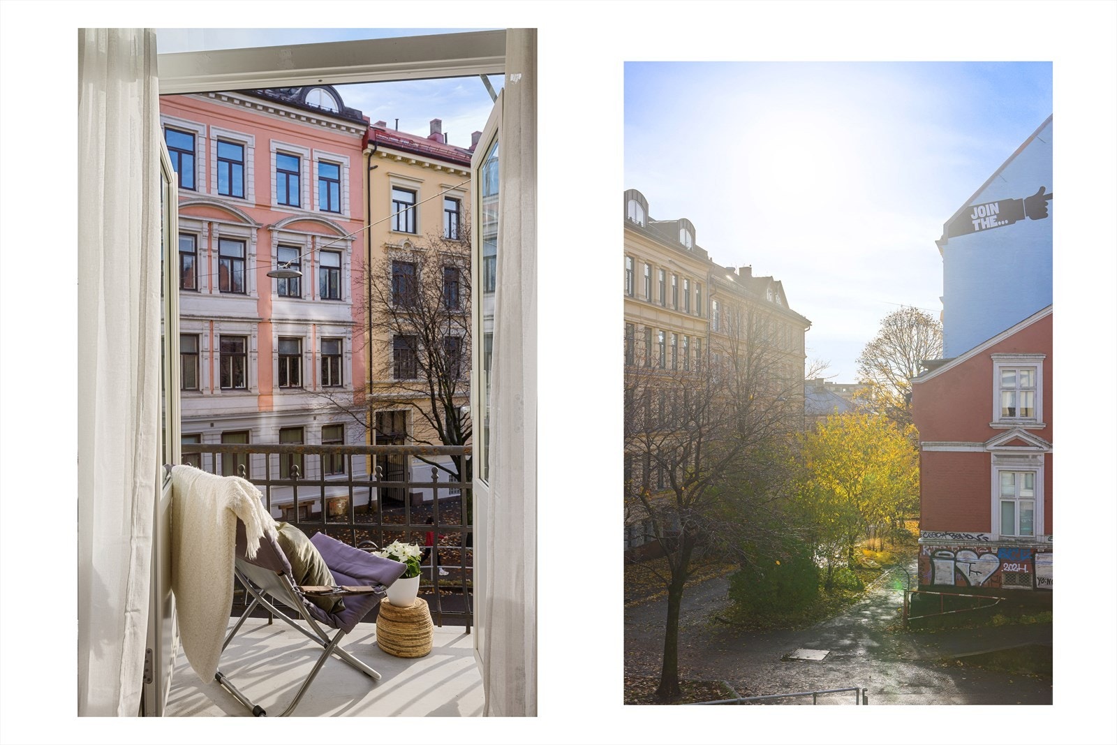 Her er det plass til utemøblement. Balkongen ble rehabilitert i 2015 samtidig som fasaden. Galleribilde