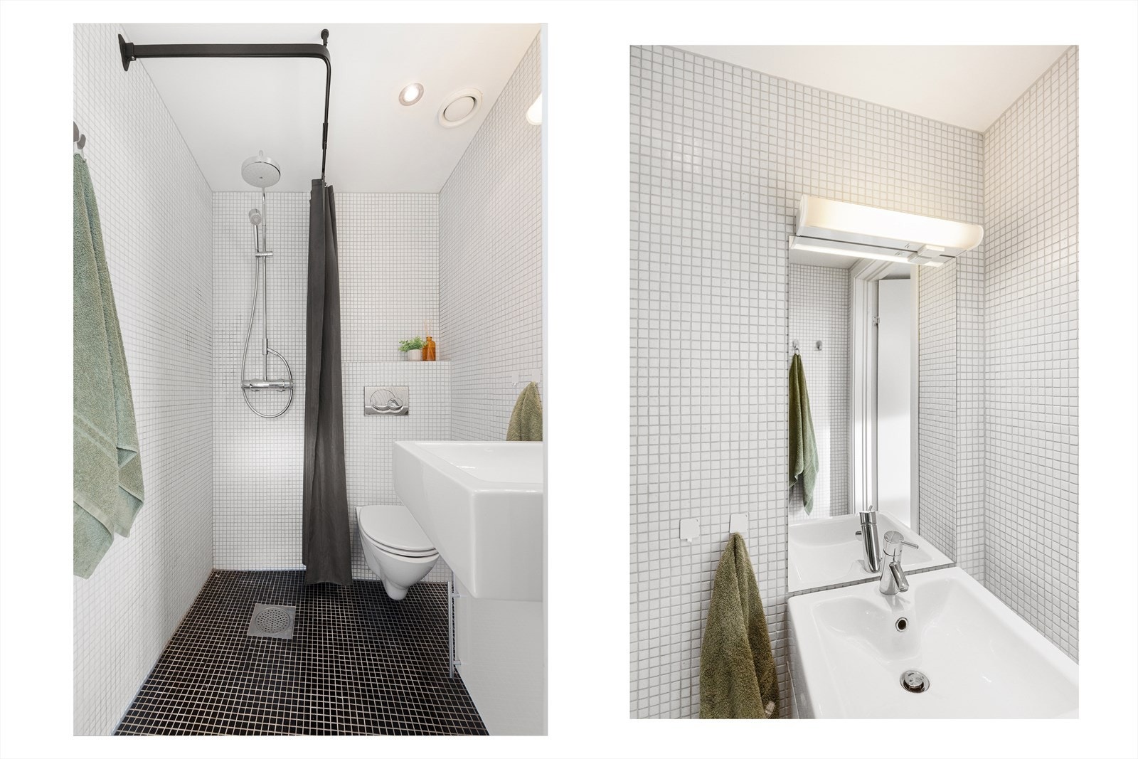 Bad med flislagte overflater, gulvvarme og malt panel med downlights i himling. Badet er utstyrt med veggmontert toalett, dusjhjørne, veggmontert toalett samt baderomsinnredning med skuffer, servant og blandebatteri fra Hansgrohe. Galleribilde