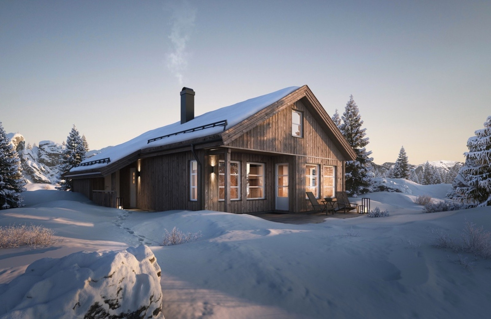 Romslig familiehytte med fullverdig hems og stor, dels overbygd terrasse. I dette prosjektet er modellen tilpasset tomten og vil avvike fra illustrasjon. Galleribilde