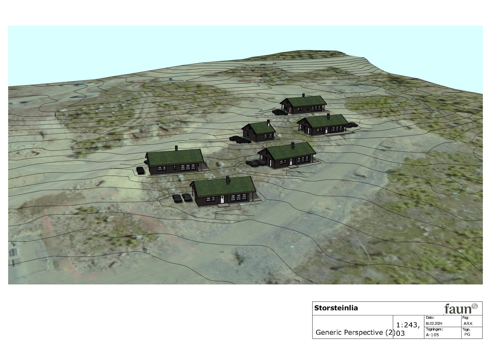 Illustrasjon som viser foreslått hytteplassering på tomtene. Dette er kun en skisse. Galleribilde