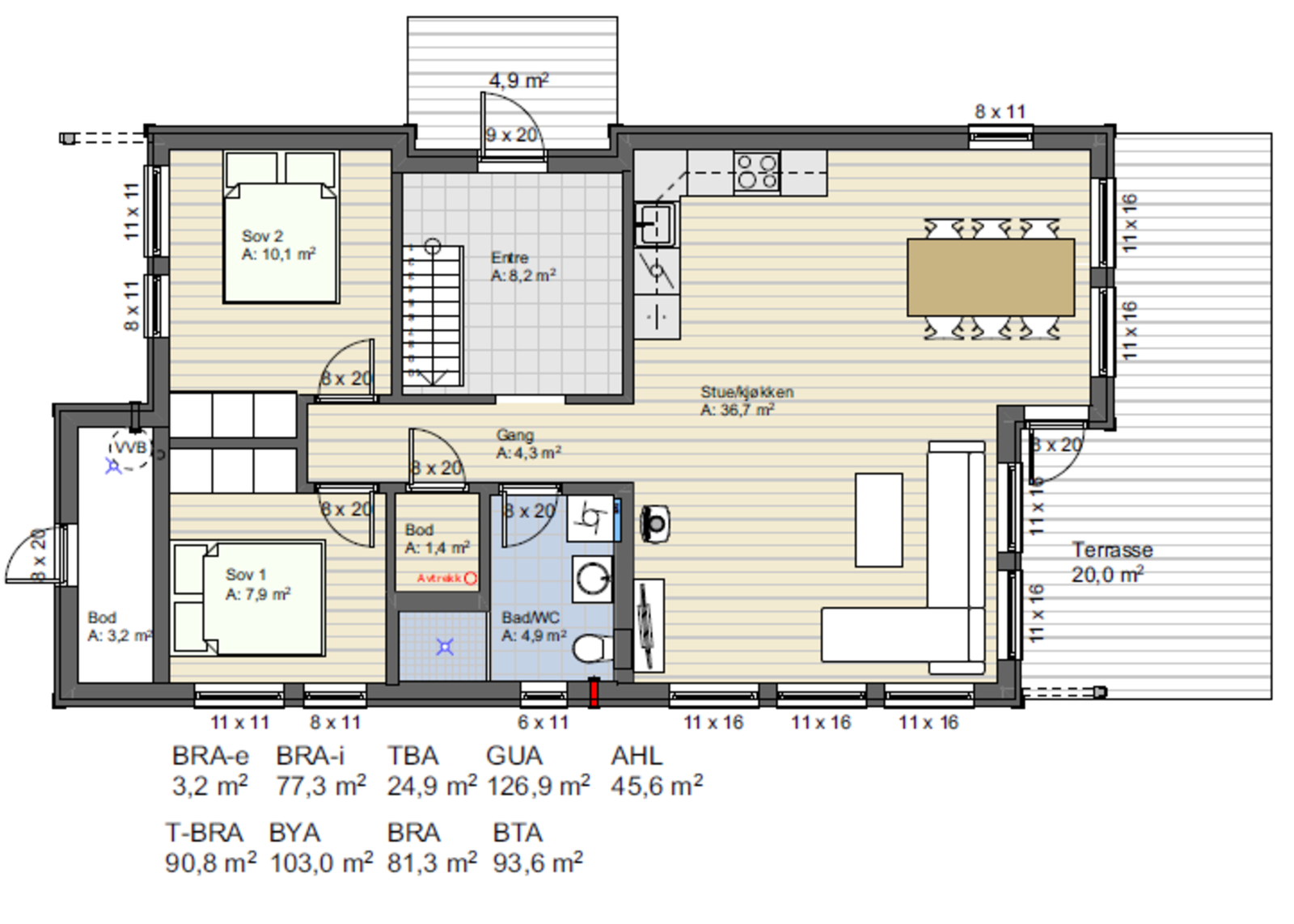 Plantegning hovedplan, spesialtilpasset variant av Furutangen 85_modell 2 Galleribilde