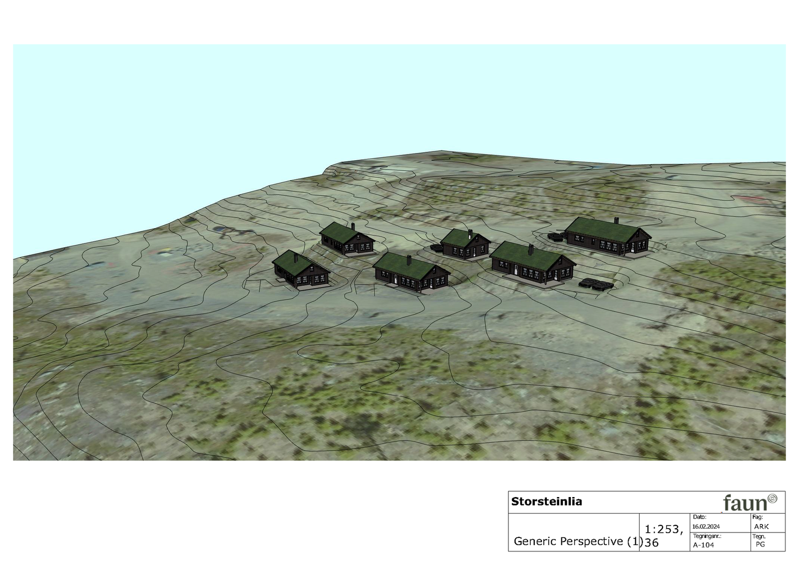 Illustrasjon som viser foreslått hytteplassering på tomtene. Dette er kun en skisse. Galleribilde