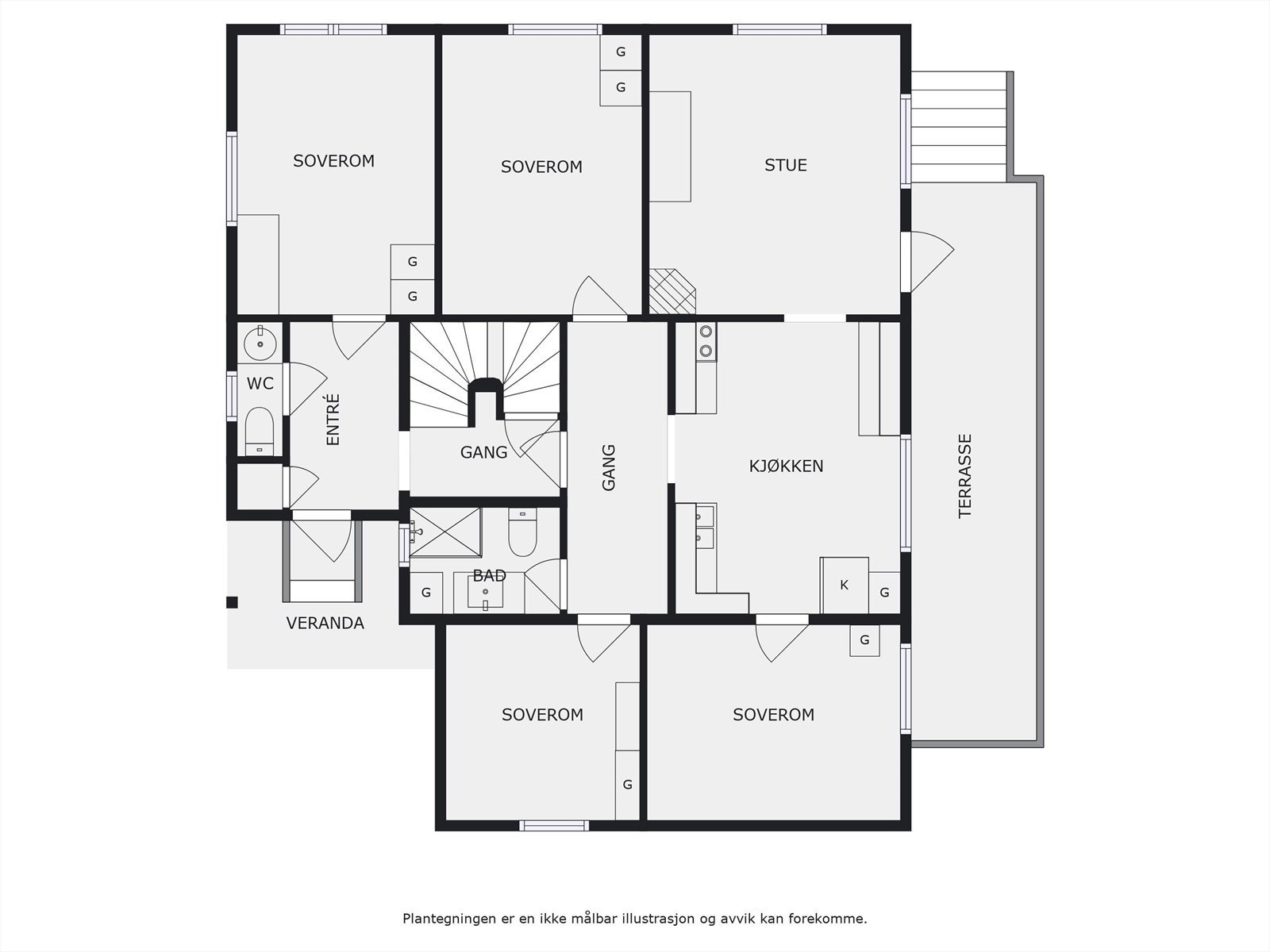 Planløsningen for 1. etasje. innredet som 4-roms leilighet samt felles gang med adkomst med adkomst til toalettrom og soverom. Galleribilde
