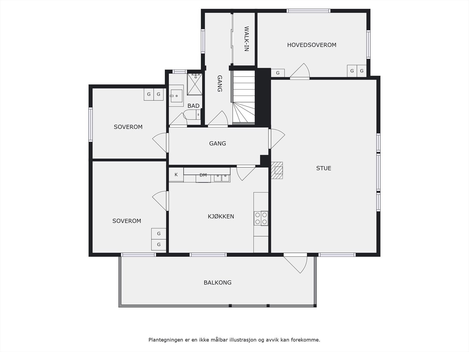 Planløsning for 2. etasje. Innredet som 4-romsleilighet med skyvedørsgarderobe i gangområdet. Galleribilde