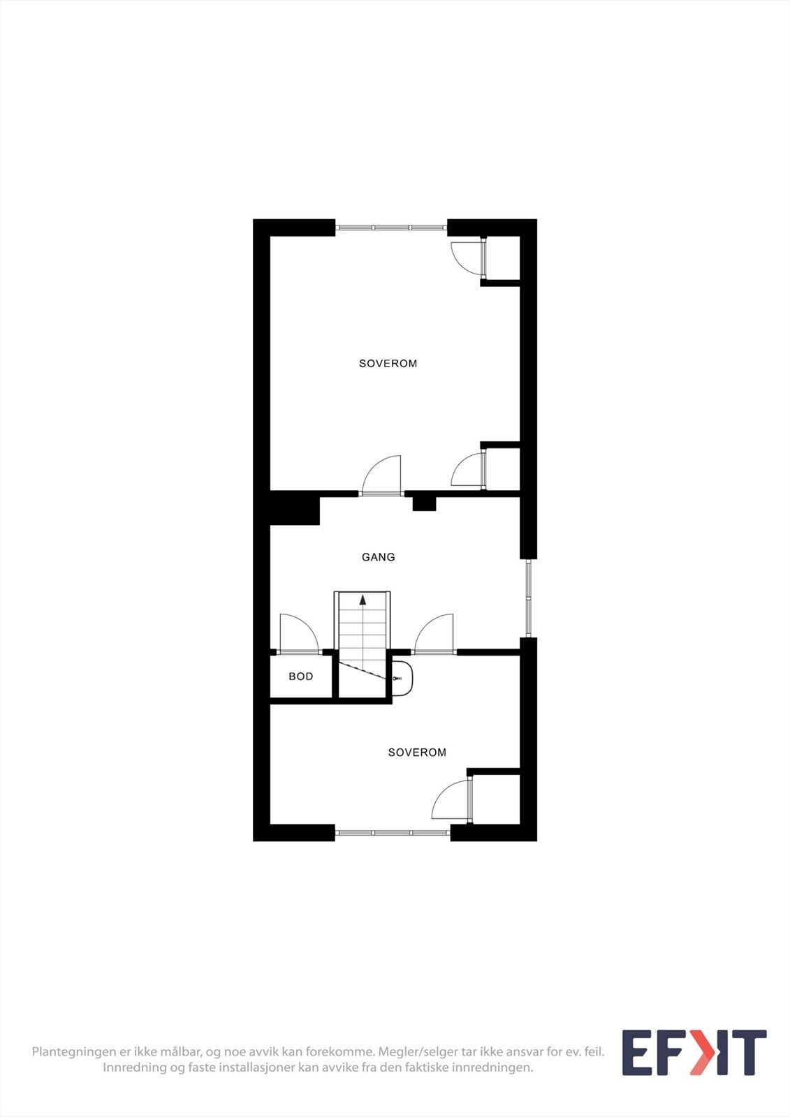 Plantegningen for andre etasje viser to soverom, gang og bod. Galleribilde