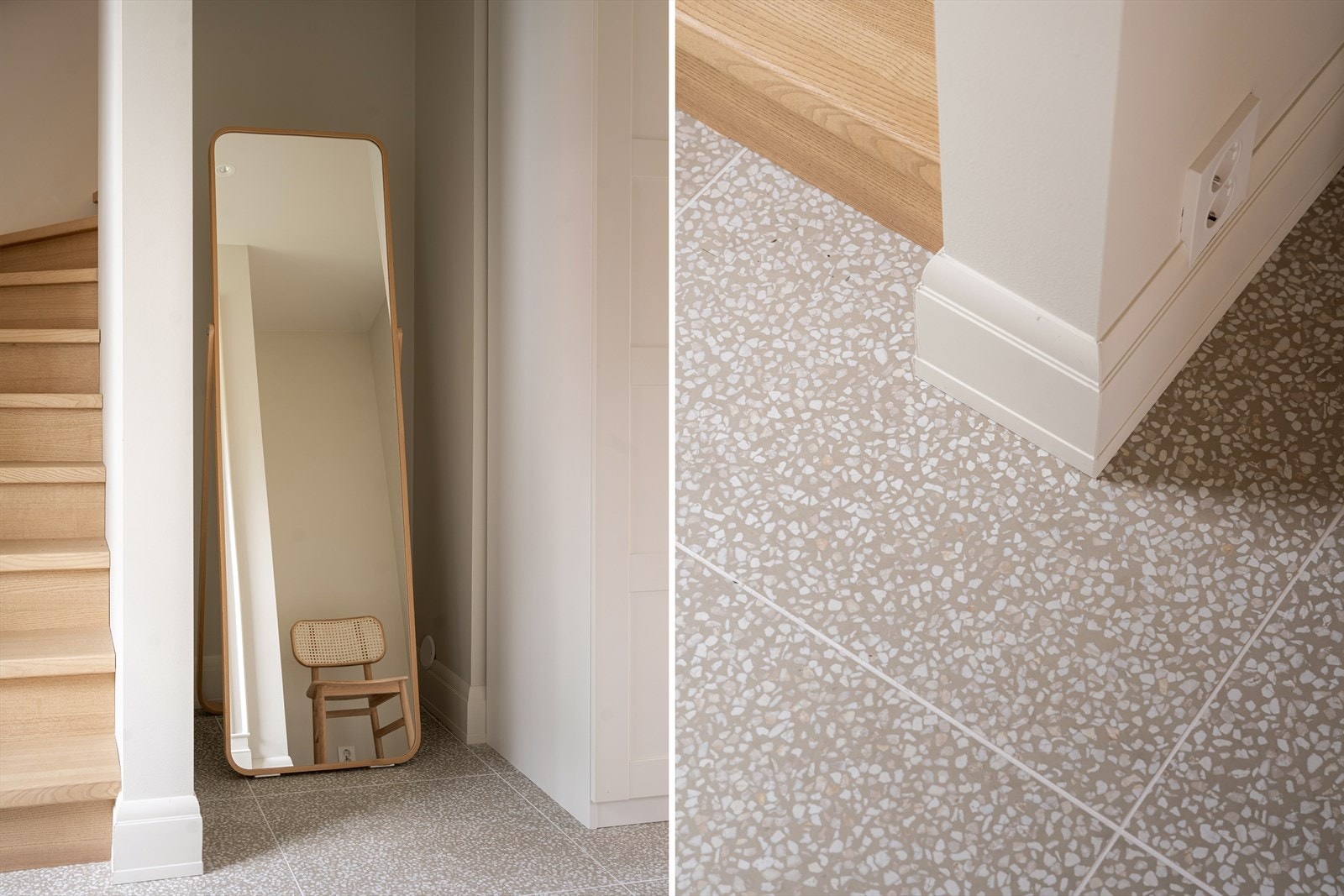Moderne og stilrene terrazzofliser i gangen. Det høye listverket i boligen gir et klassisk preg, i fin balanse til det stramme og skandinaviske. Galleribilde