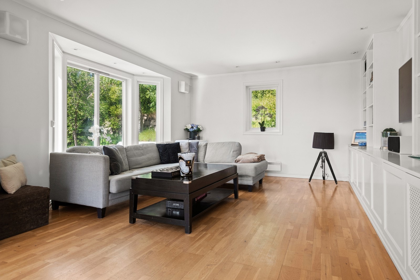 TV-stuen er skjermet fra det meste av direkte sollys med vestvendt karnapp Galleribilde