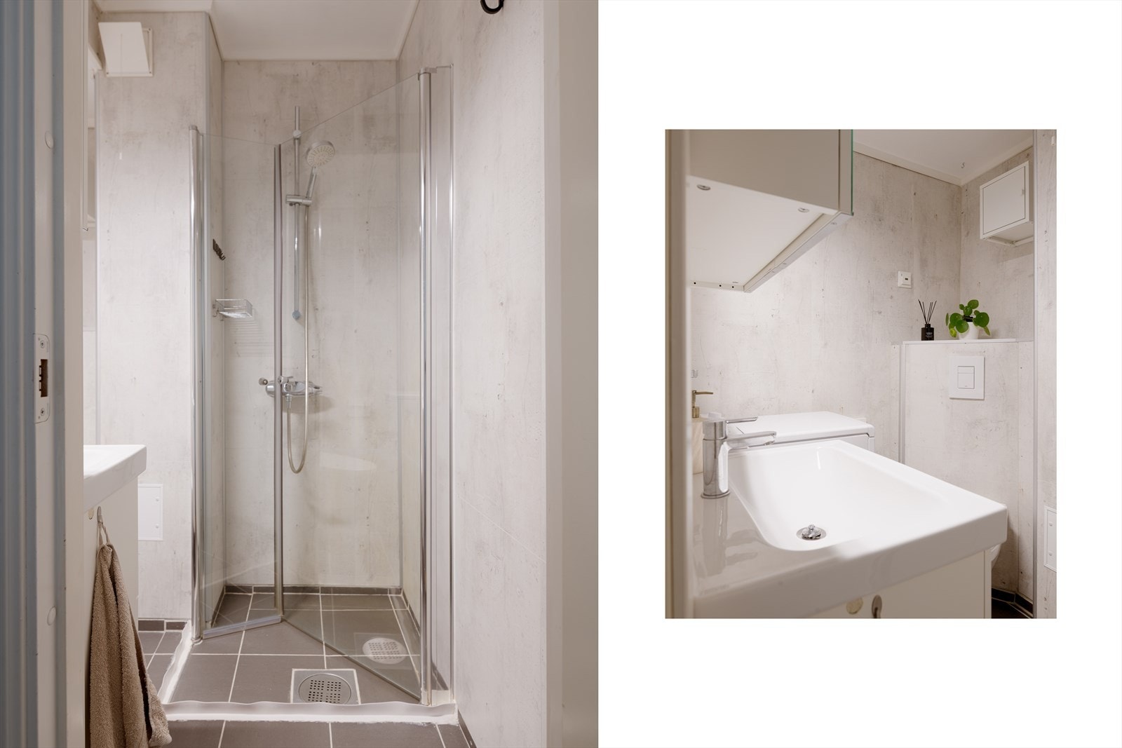 Leilighetens bad har fliser på gulv og ble modernisert med lyse, baderomsplater på vegger. Badet er utstyrt med dusj med dører i herdet glass, servant, opplegg for vaskemaskin, gulvvarme og veggfestet kloset. Galleribilde