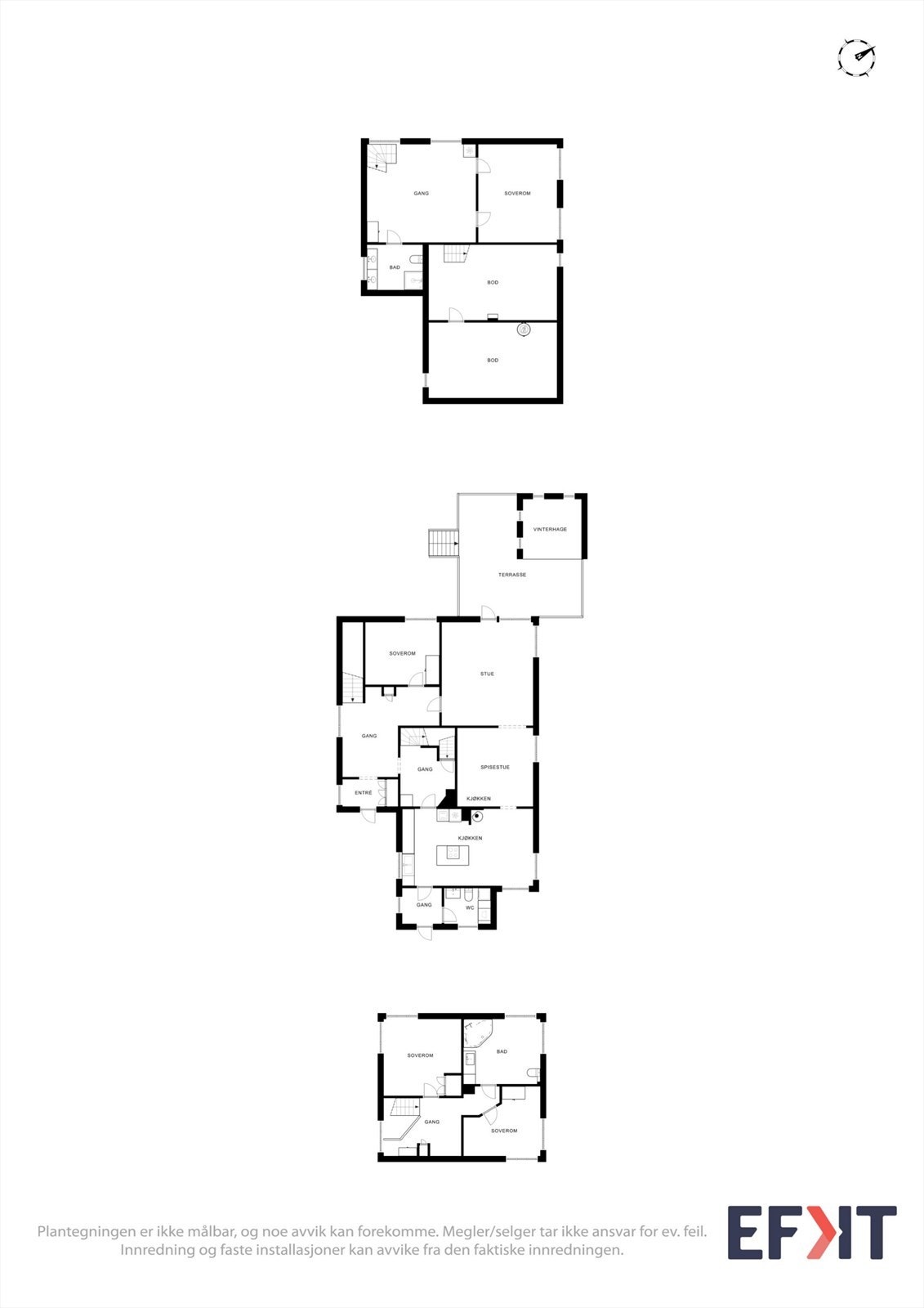 Plantegningene gir en samlet oversikt over boligens tre plan og romfordeling. Galleribilde
