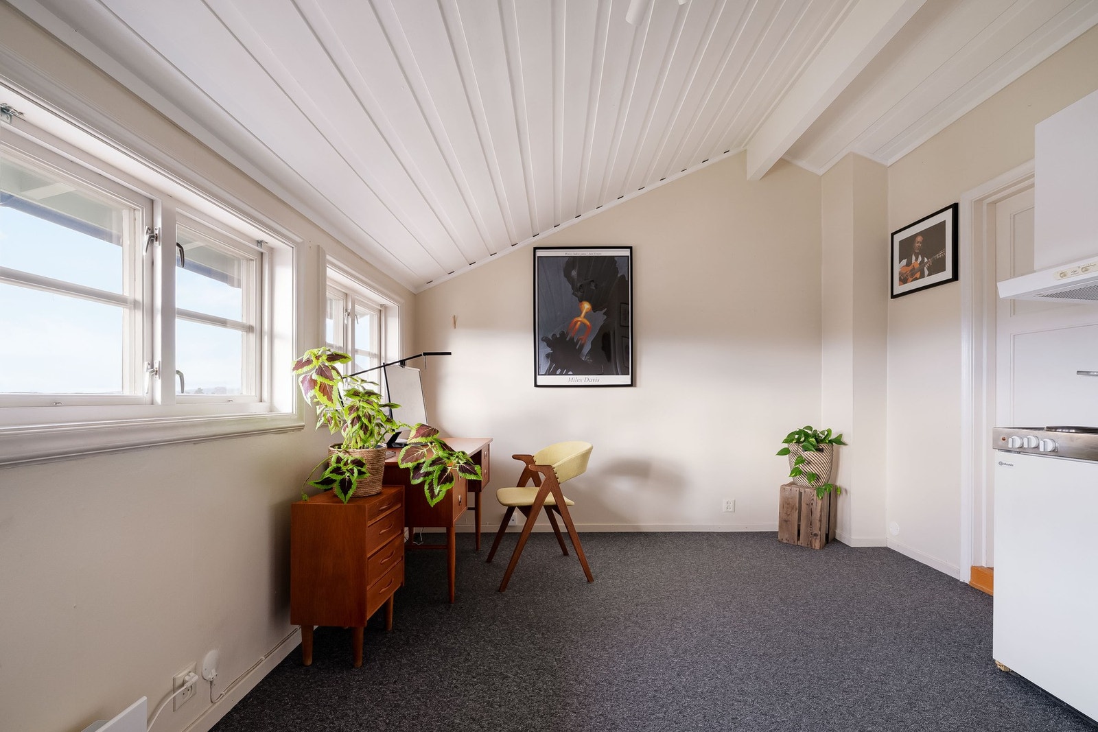 Lysmalte vegger og vegg-til-vegg teppe på gulv. Galleribilde