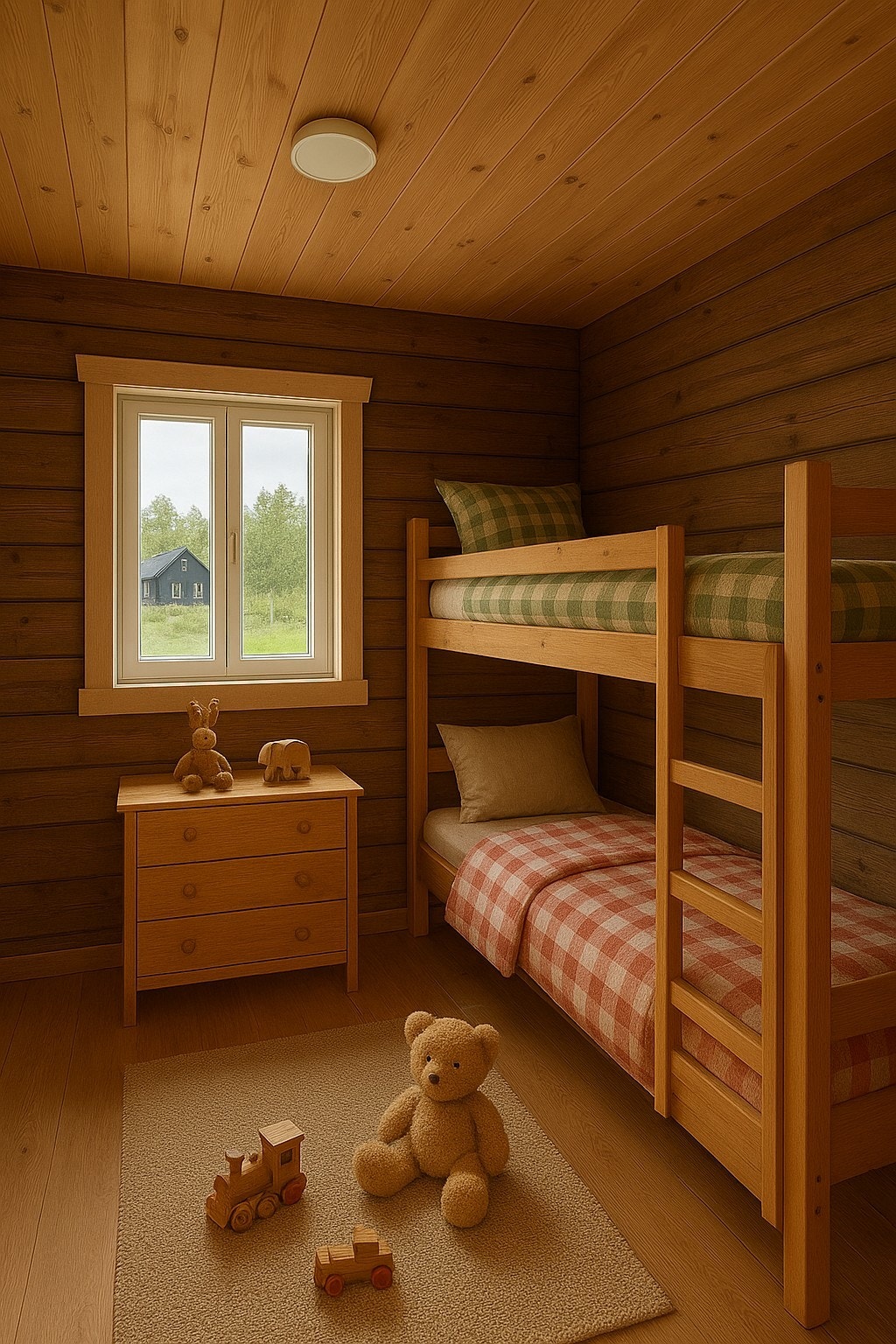 Lite soverom i 1 etj med god plass for en køyeseng eller en dobbeltseng
Tømmervegger er beiset i lune farger Galleribilde