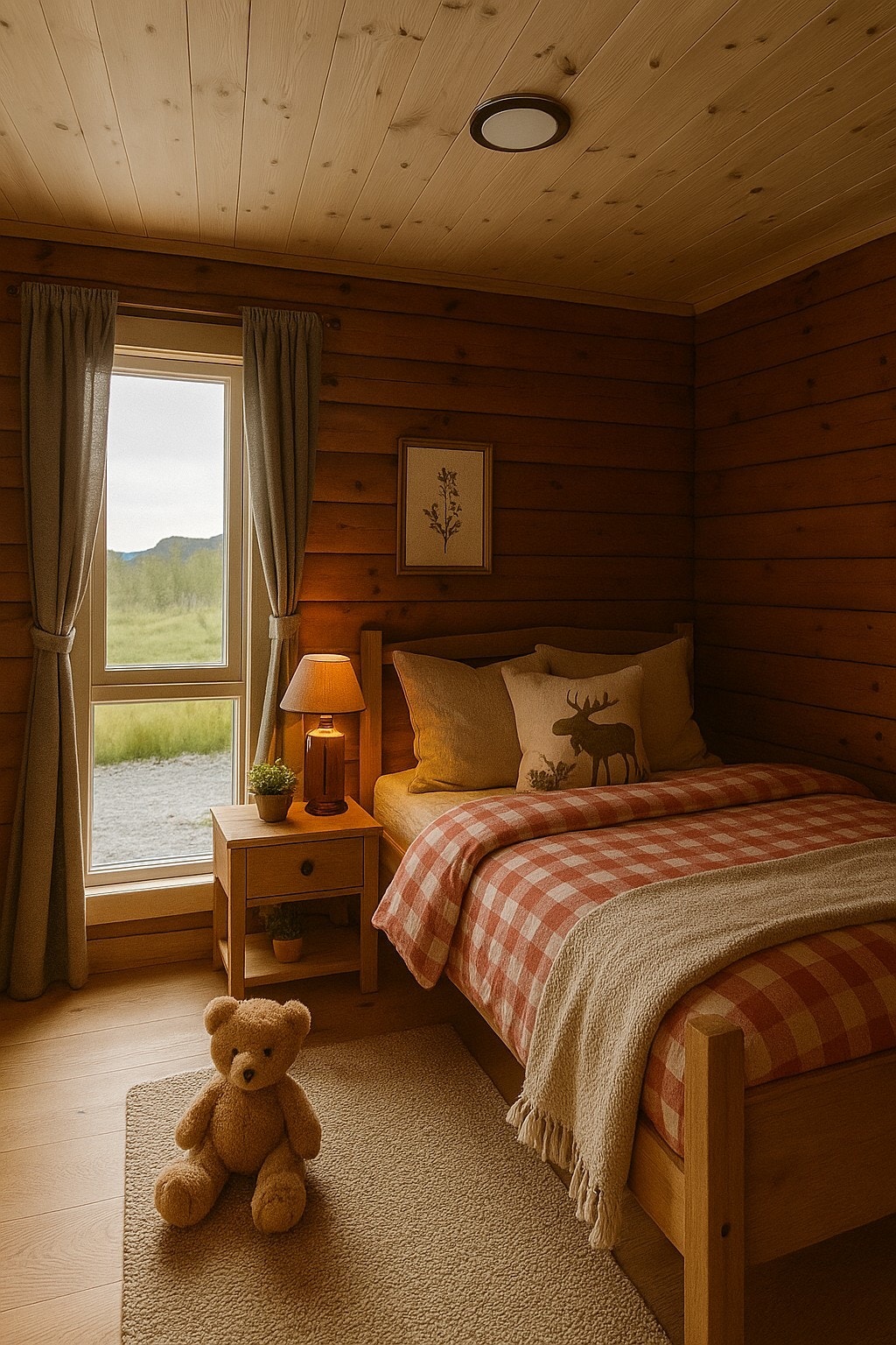 Hovedsoverom 1 etj i hvor tømmervegger er beiset i lune farger. Her er det god plass for dobbeltseng Galleribilde