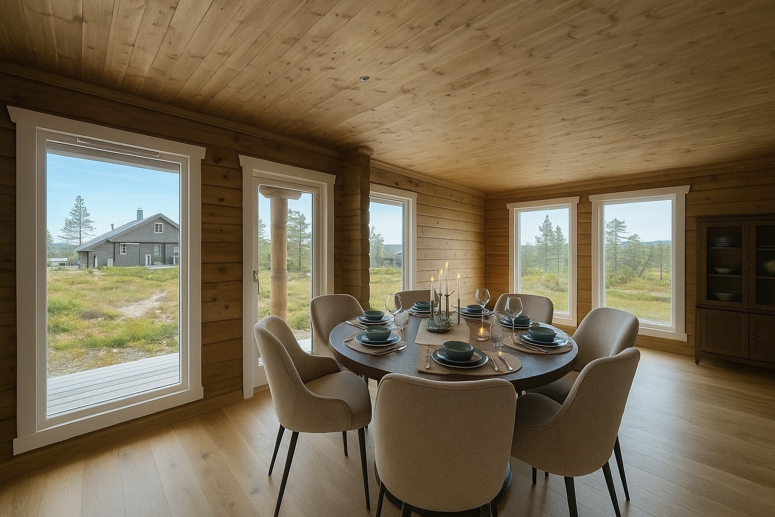 Åpen kjøkkenløsning til stue, med varmekabler i gulv og parkett.
Utgang til overbygget terrasse Galleribilde