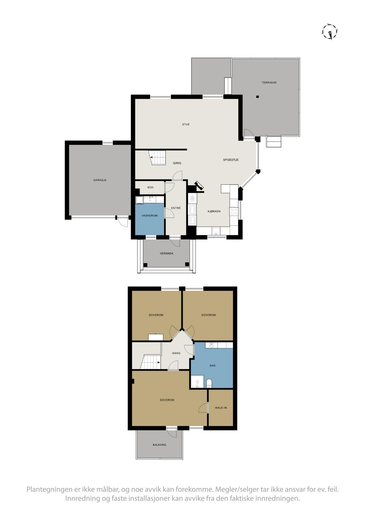 Plantegninger loftetasje og 1. etasje. Huset benyttes i dag med 3 soverom. Galleribilde