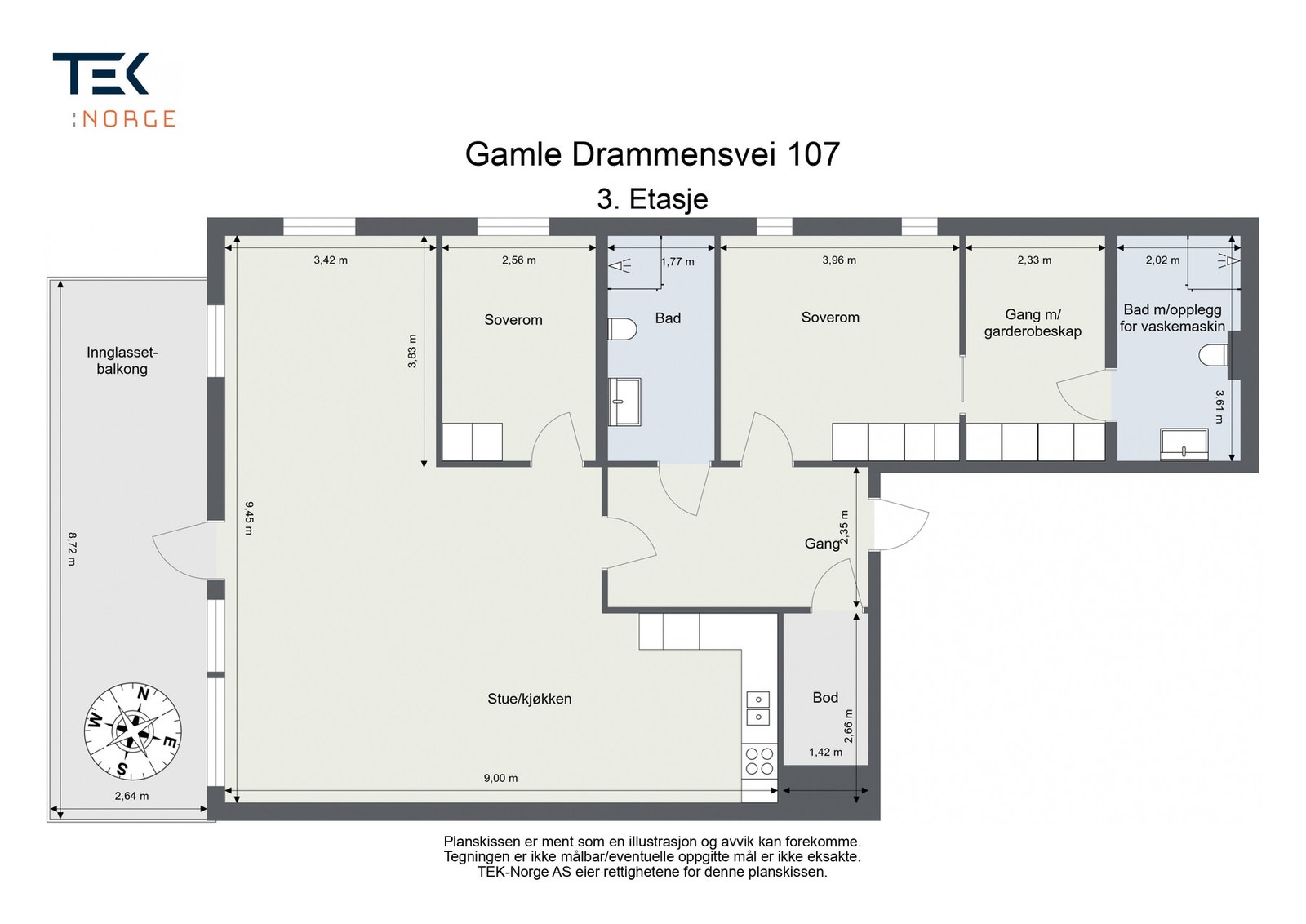 Plantegning Gamle Drammensvei 107, 3. etasje. Galleribilde