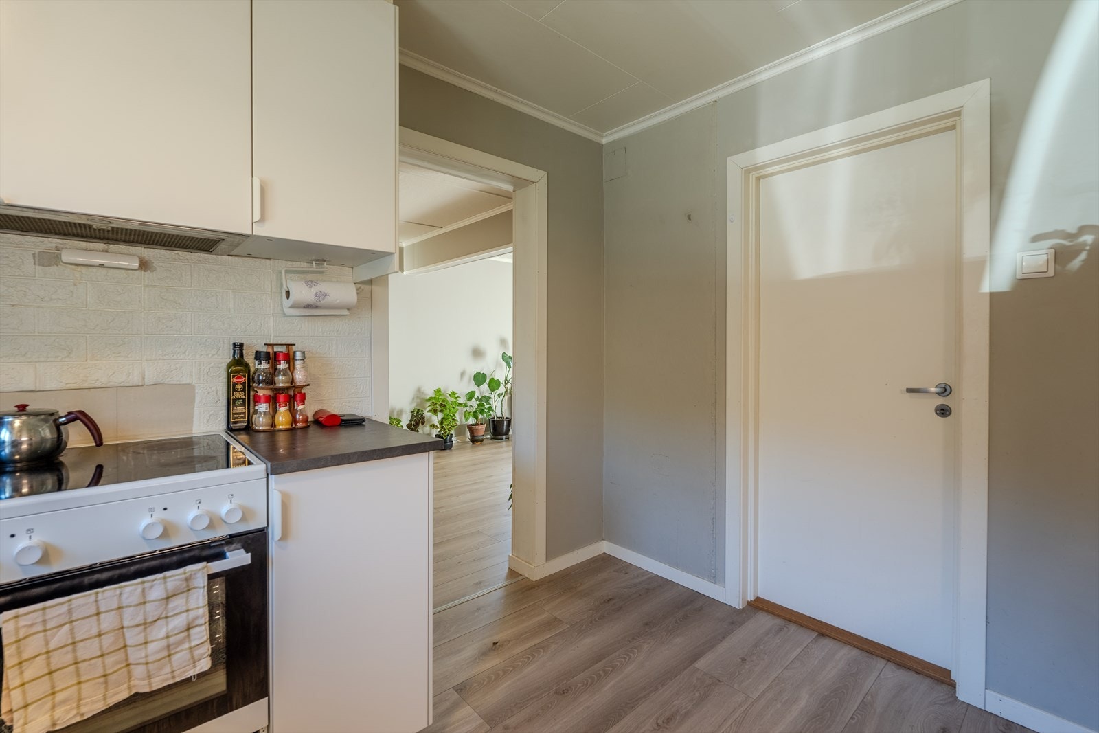 Kjøkken - dør ut til bad og utvendig inngang, samt trapp ned til kjeller Galleribilde