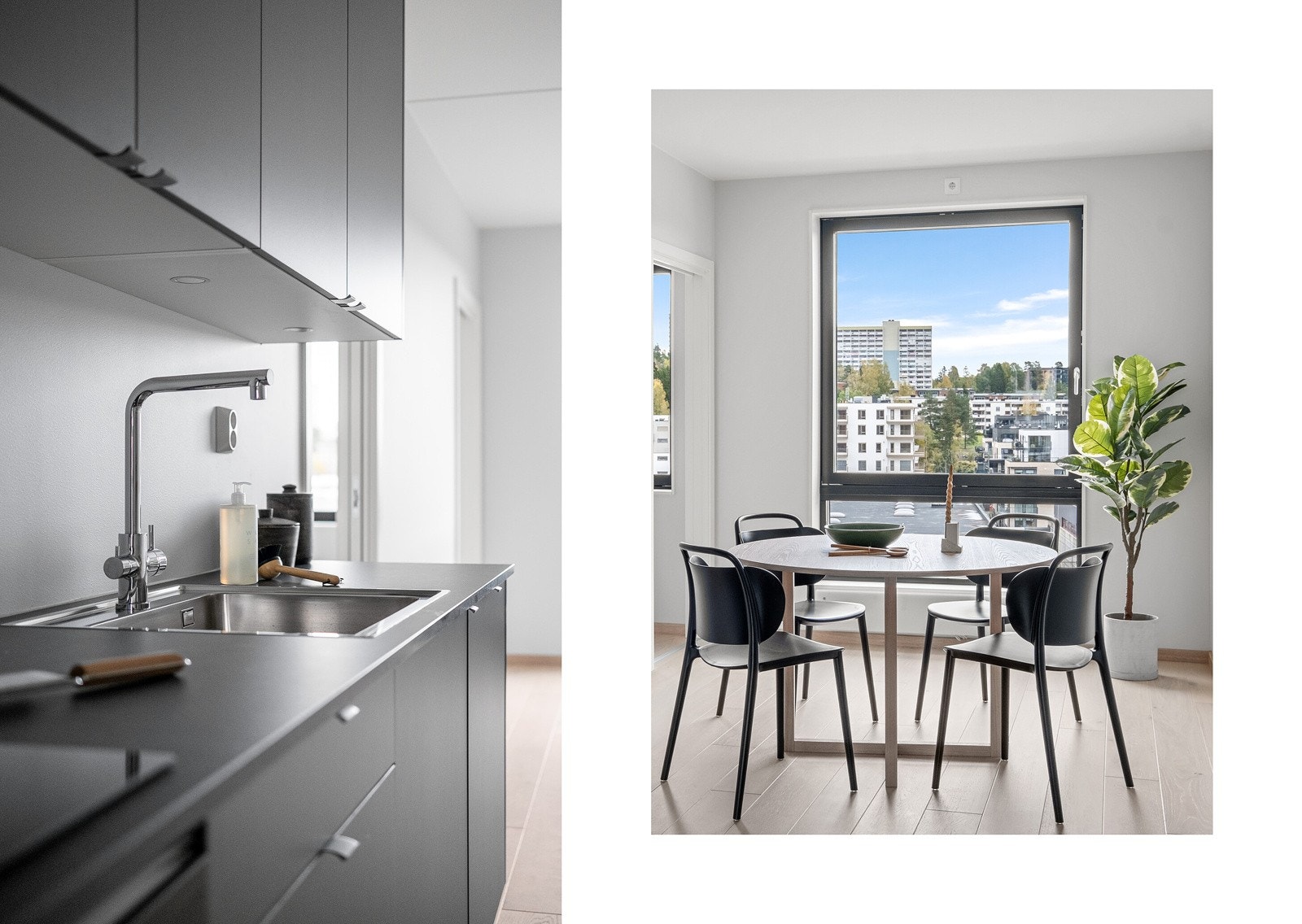 Kjøkkeninnredningen har slette overflater i mørk grå, laminert benkeplate med stor kum og belysning under overskapene. Galleribilde