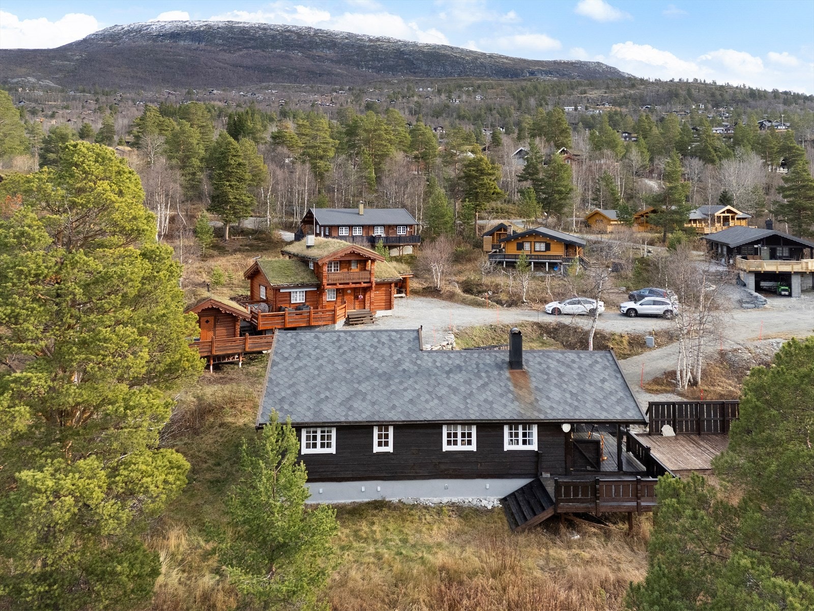 Det er også en felles parkering for nærliggende hytter, ved det sørøstlige hjørnet av tomten. Galleribilde