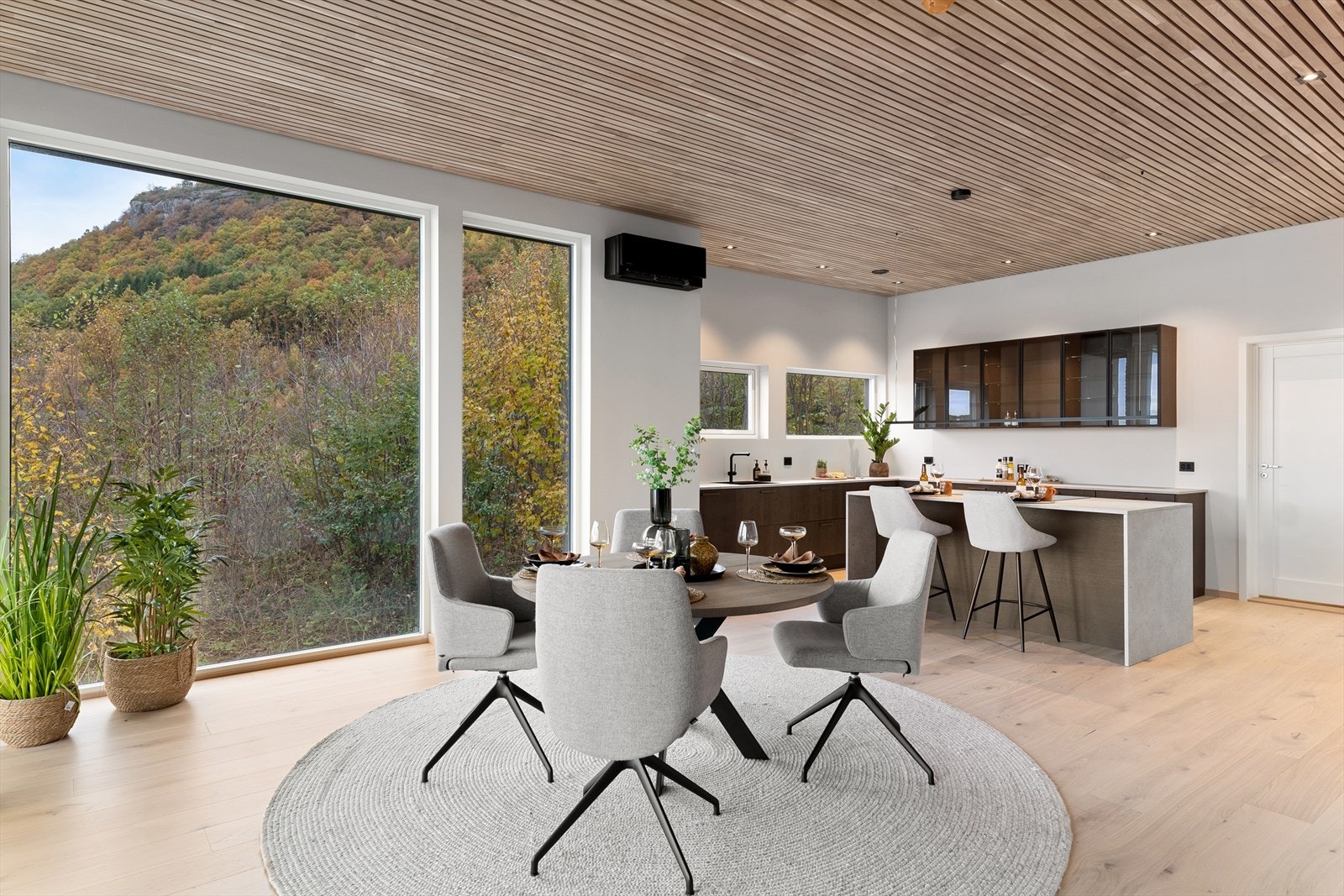 Varmepumpe med sort deksel, sorte detaljer går også gjennomført igjen i boligen Galleribilde