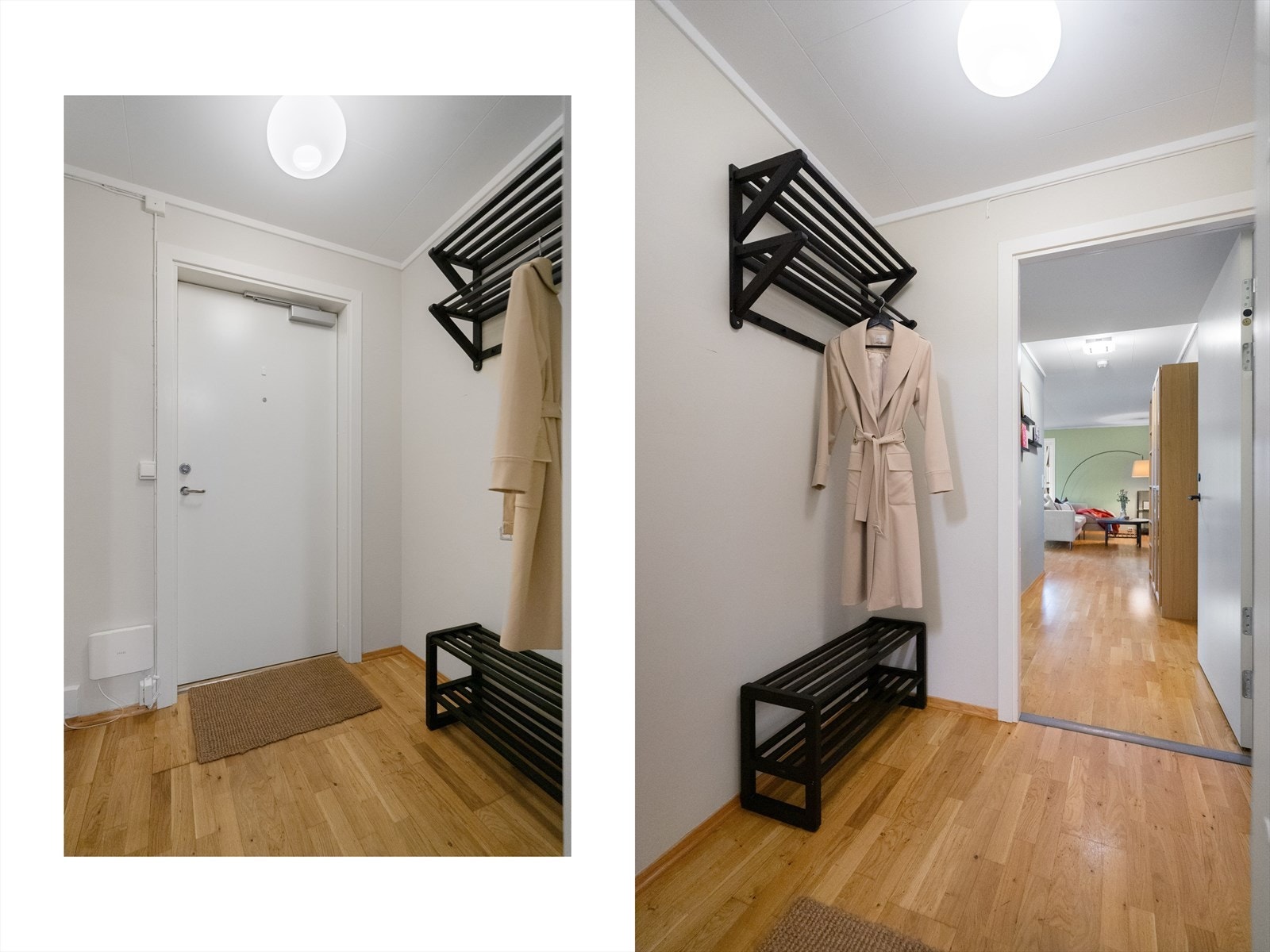 Velkommen inn! Lys og praktisk entré med plass til yttertøy og sko. En ryddig velkomstsone med parkettgulv og nøytrale farger som skaper et moderne uttrykk Galleribilde